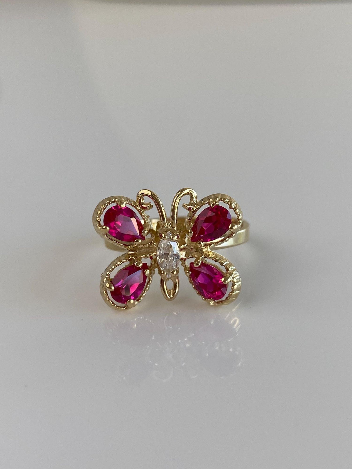 Vintage Solid 10k Yellow Gold Pink Sapphire Clear Cubic Zirconia Butterfly Ring - Size 8.5
