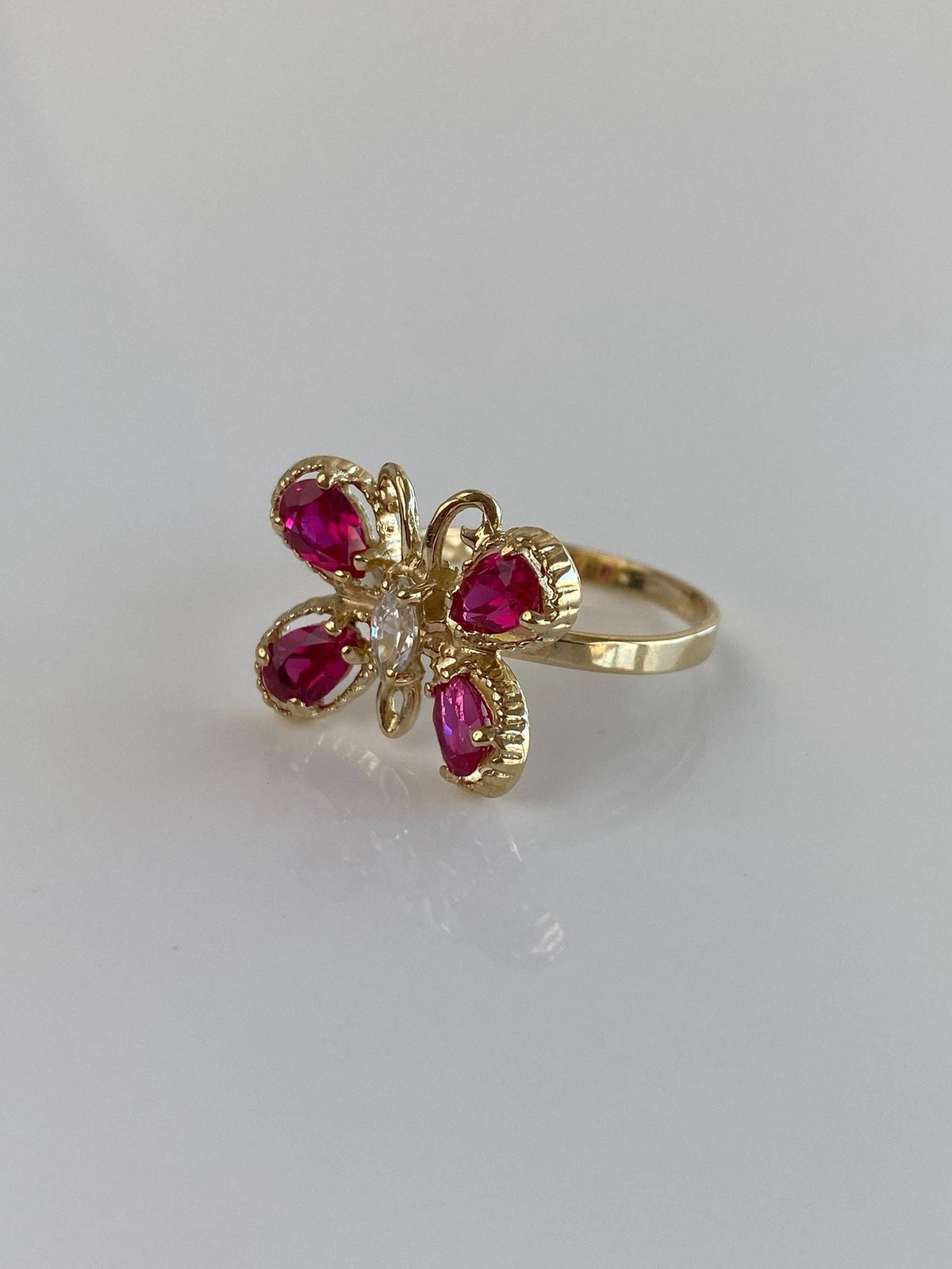 Vintage Solid 10k Yellow Gold Pink Sapphire Clear Cubic Zirconia Butterfly Ring - Size 8.5
