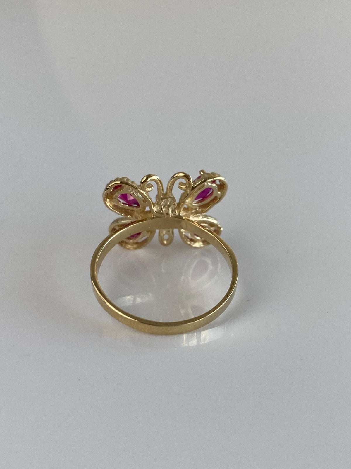 Vintage Solid 10k Yellow Gold Pink Sapphire Clear Cubic Zirconia Butterfly Ring - Size 8.5