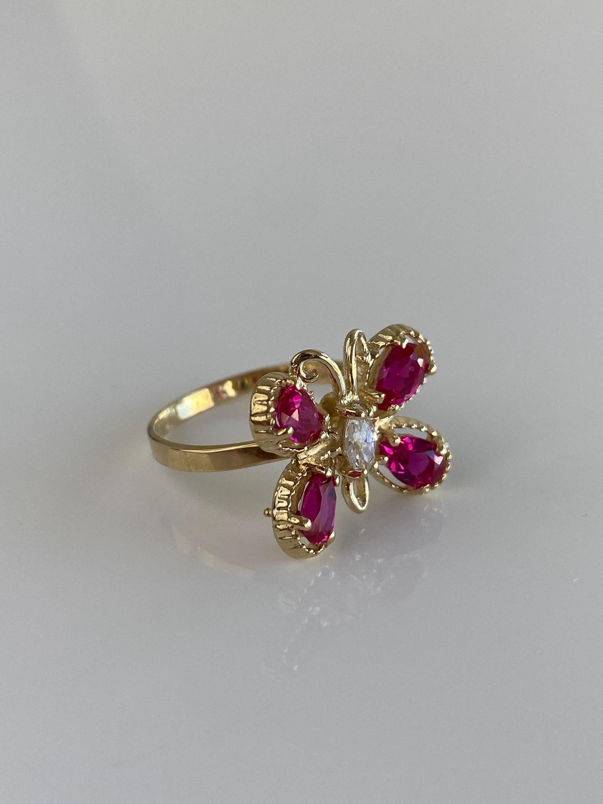 Vintage Solid 10k Yellow Gold Pink Sapphire Clear Cubic Zirconia Butterfly Ring - Size 8.5