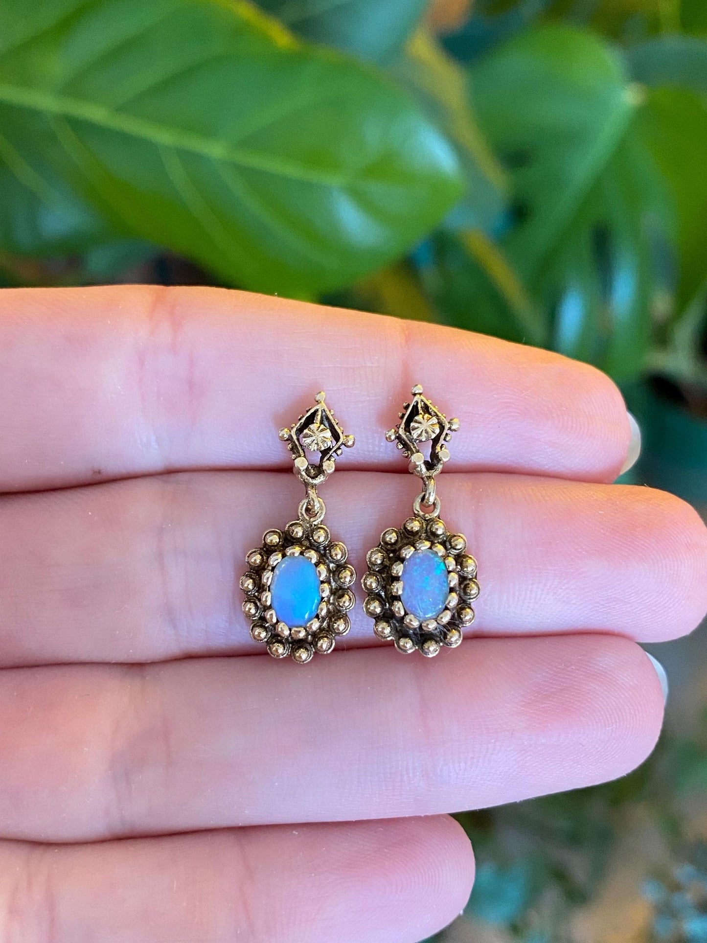 Vintage Solid 14k Yellow Gold Opal Ornate Dangle Stud Earrings