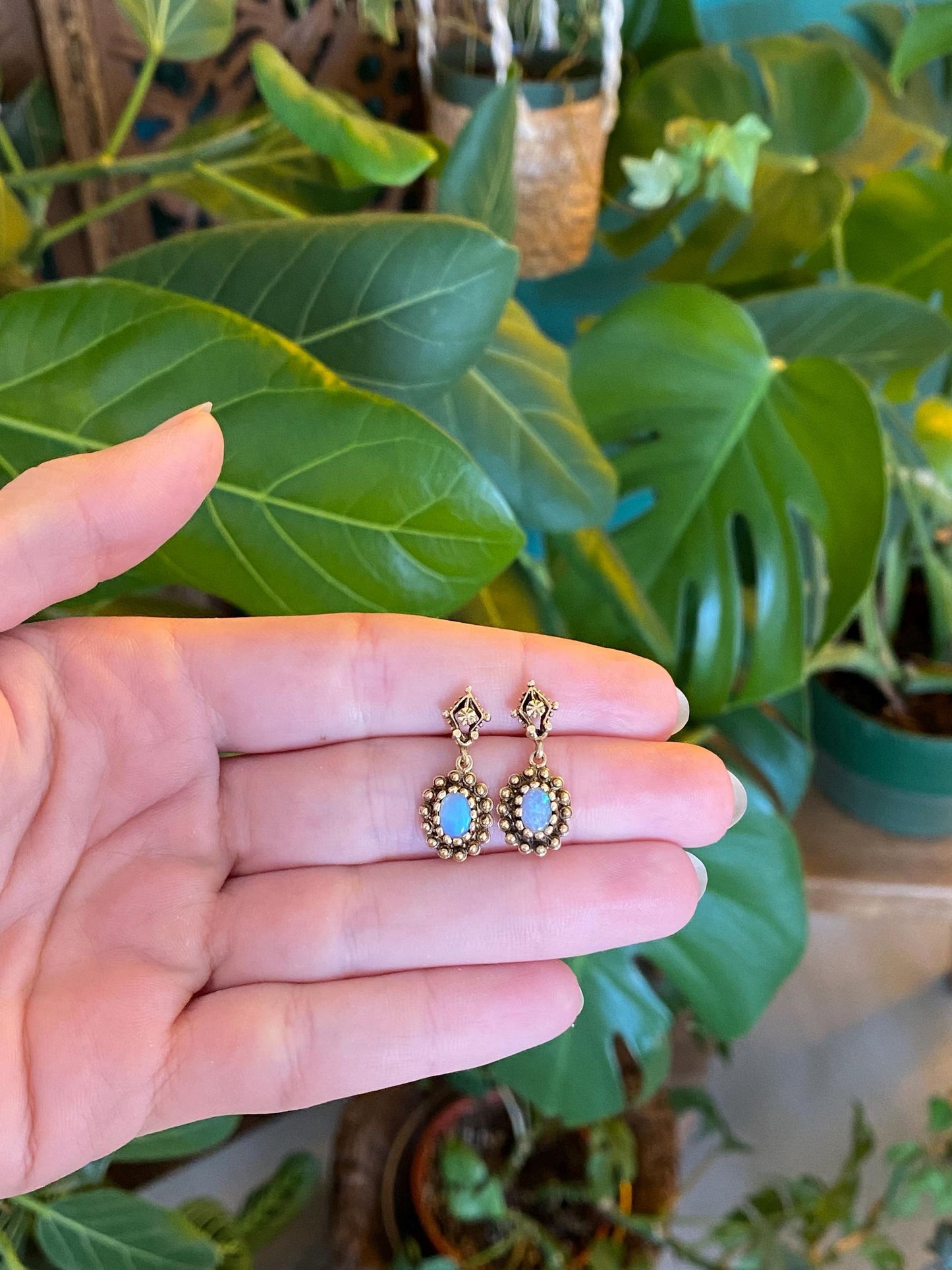 Vintage Solid 14k Yellow Gold Opal Ornate Dangle Stud Earrings