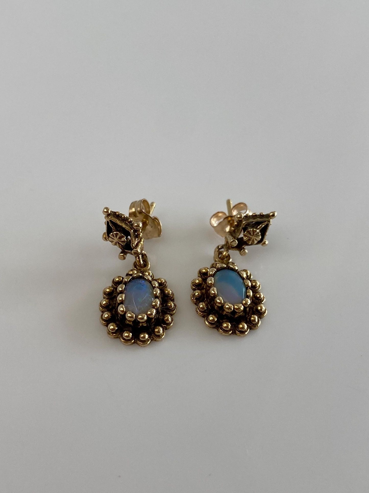Vintage Solid 14k Yellow Gold Opal Ornate Dangle Stud Earrings