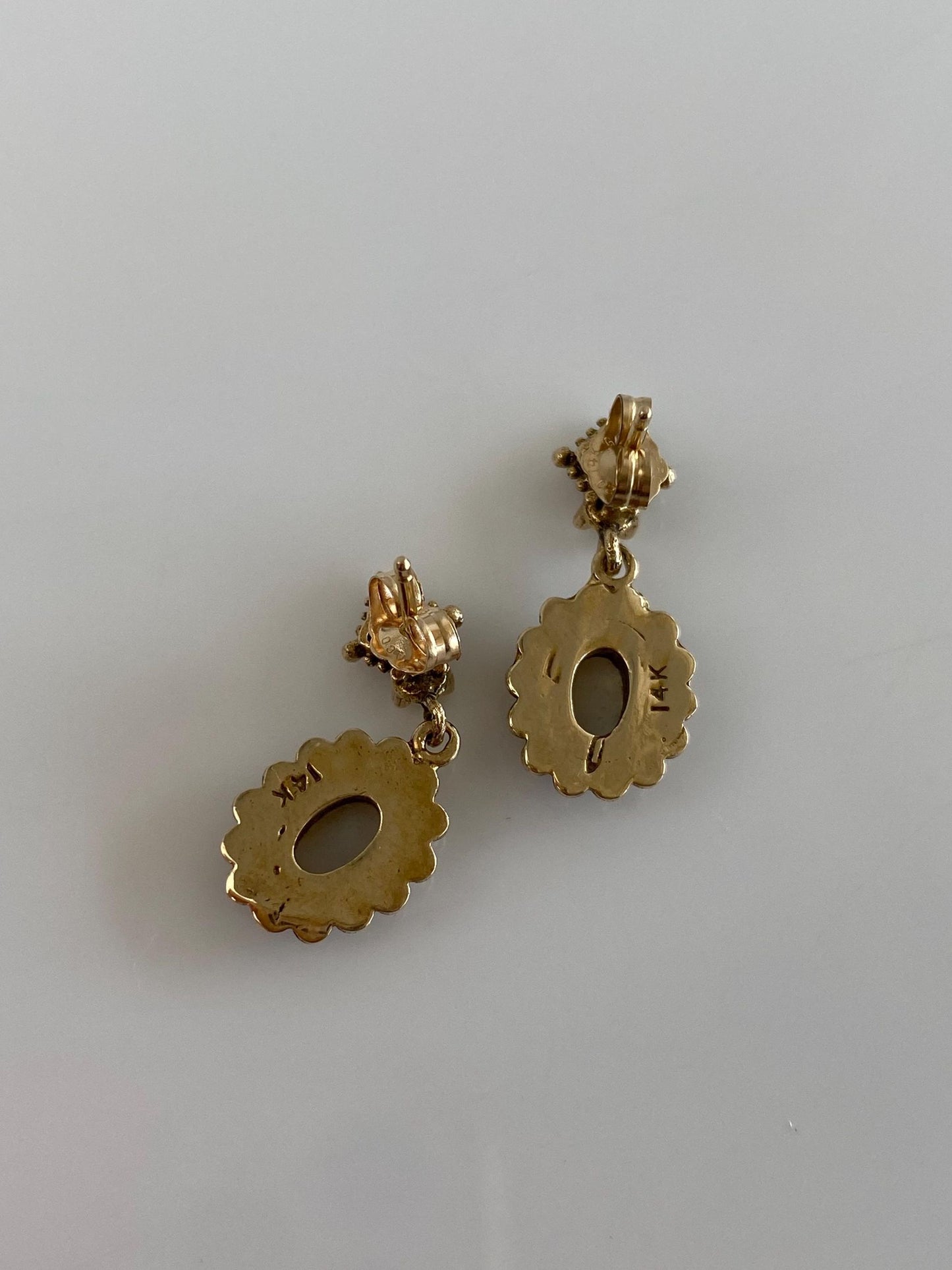 Vintage Solid 14k Yellow Gold Opal Ornate Dangle Stud Earrings