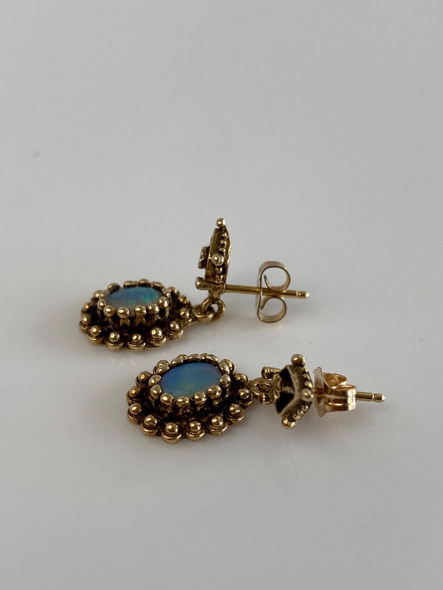Vintage Solid 14k Yellow Gold Opal Ornate Dangle Stud Earrings