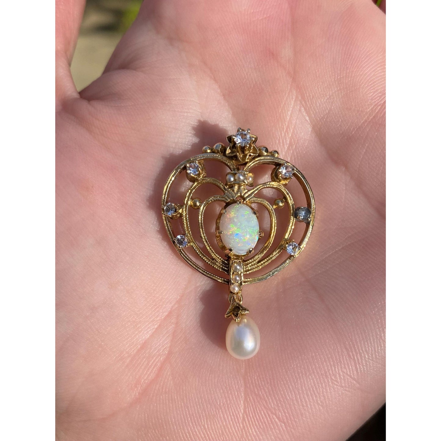 Vintage Solid 14k Yellow Gold Clear Quartz Seed Pearl Opal Dangle Charm