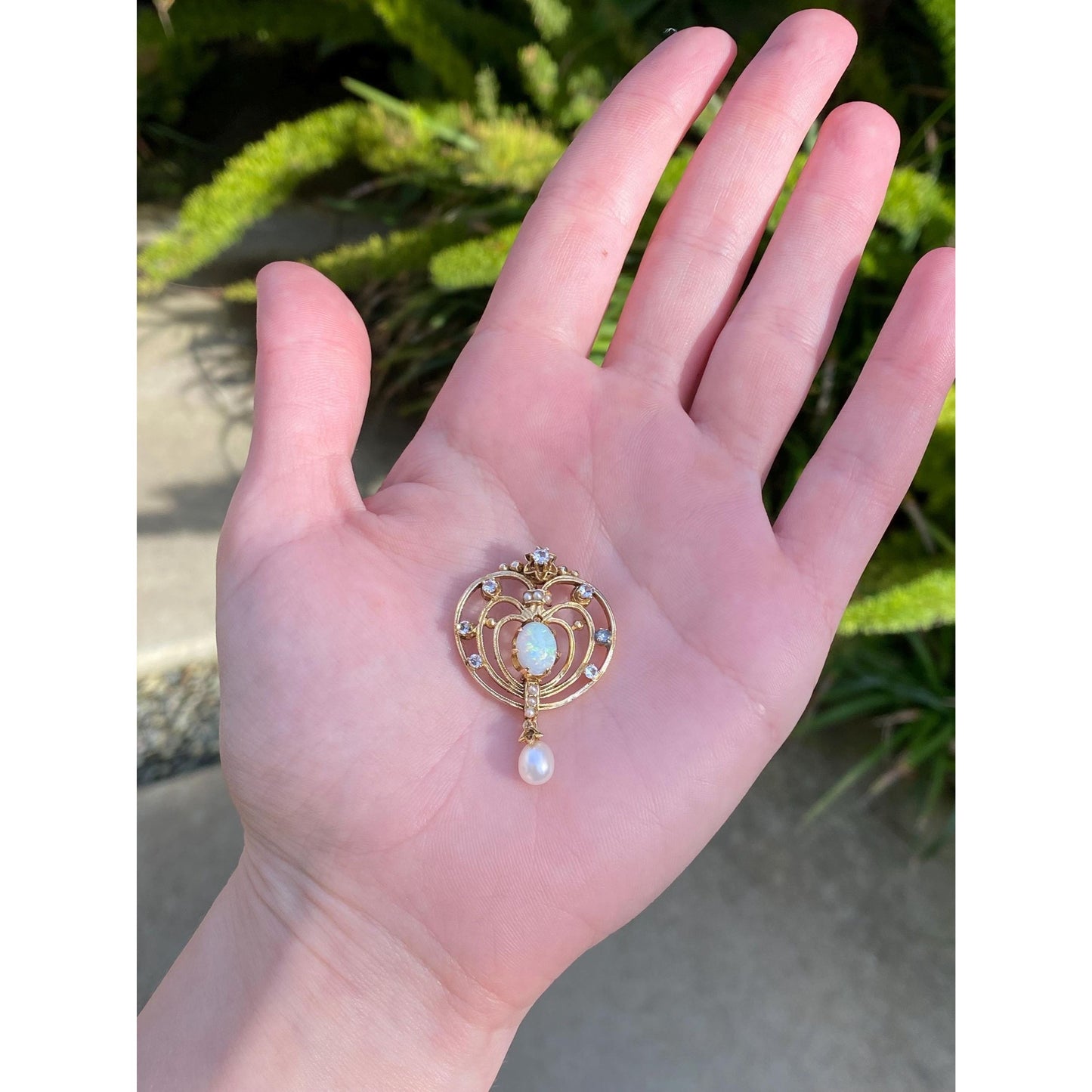 Vintage Solid 14k Yellow Gold Clear Quartz Seed Pearl Opal Dangle Charm