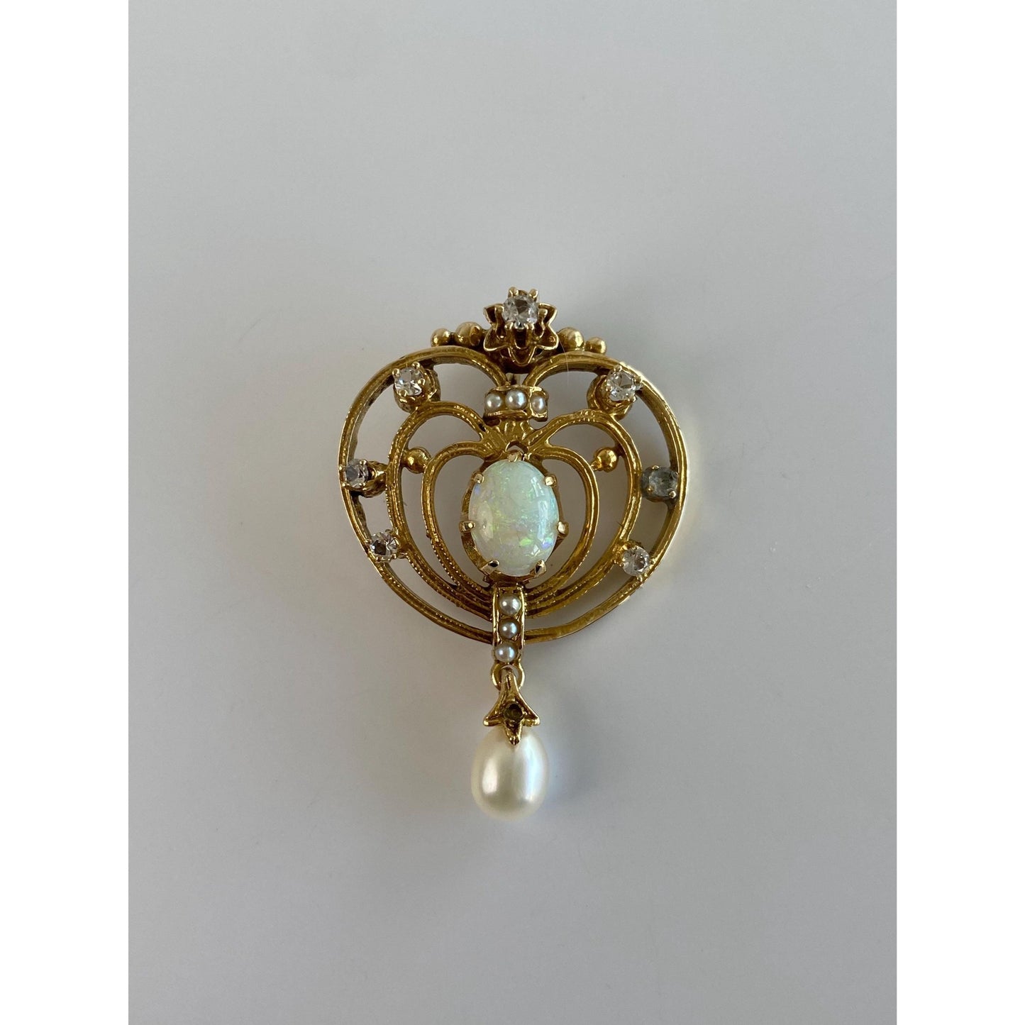 Vintage Solid 14k Yellow Gold Clear Quartz Seed Pearl Opal Dangle Charm