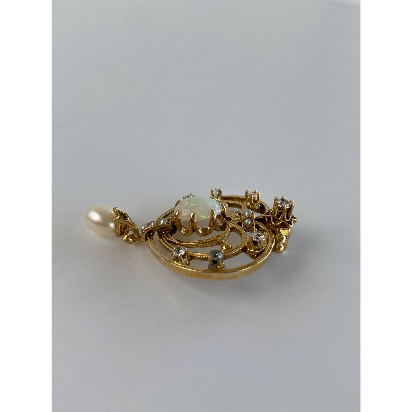 Vintage Solid 14k Yellow Gold Clear Quartz Seed Pearl Opal Dangle Charm