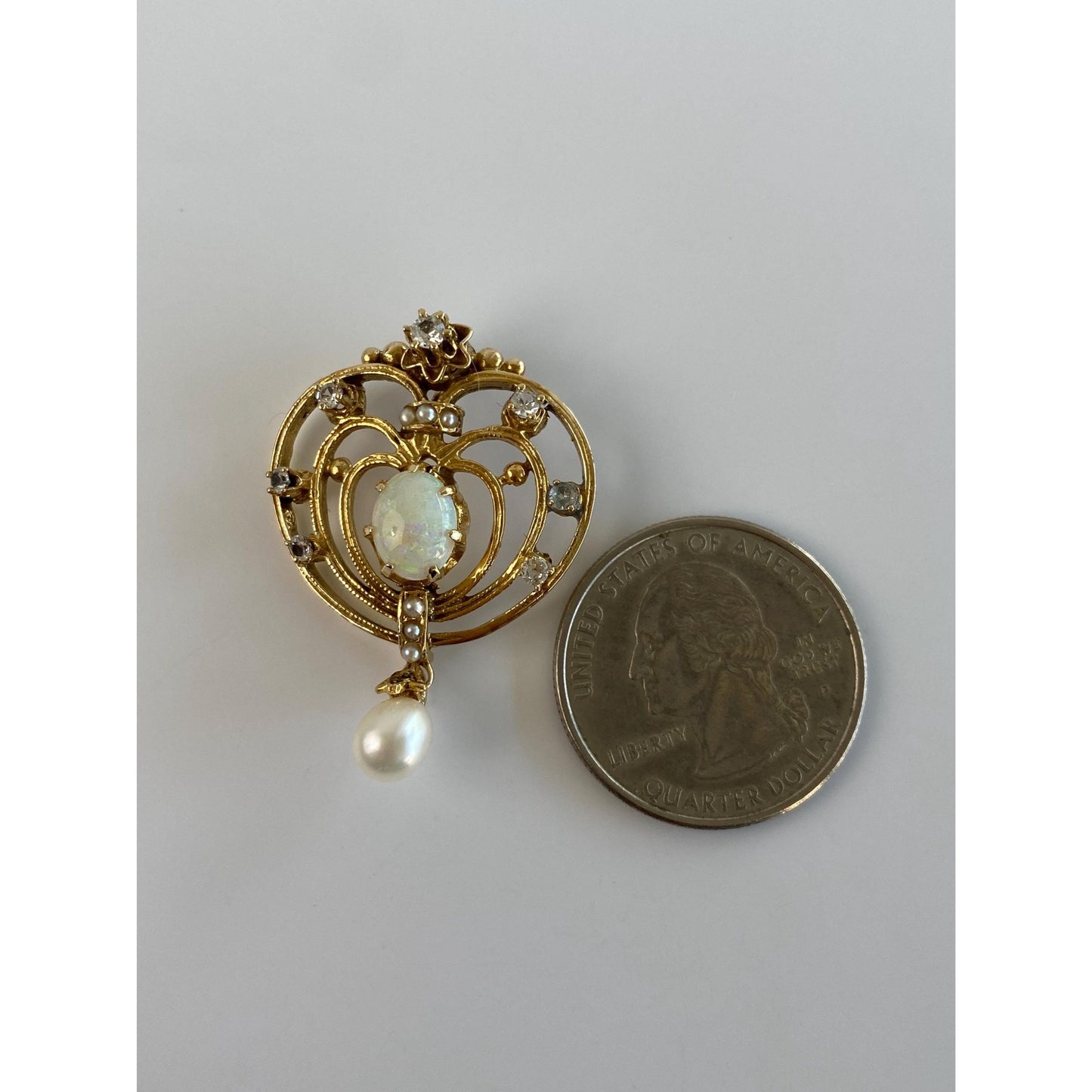 Vintage Solid 14k Yellow Gold Clear Quartz Seed Pearl Opal Dangle Charm