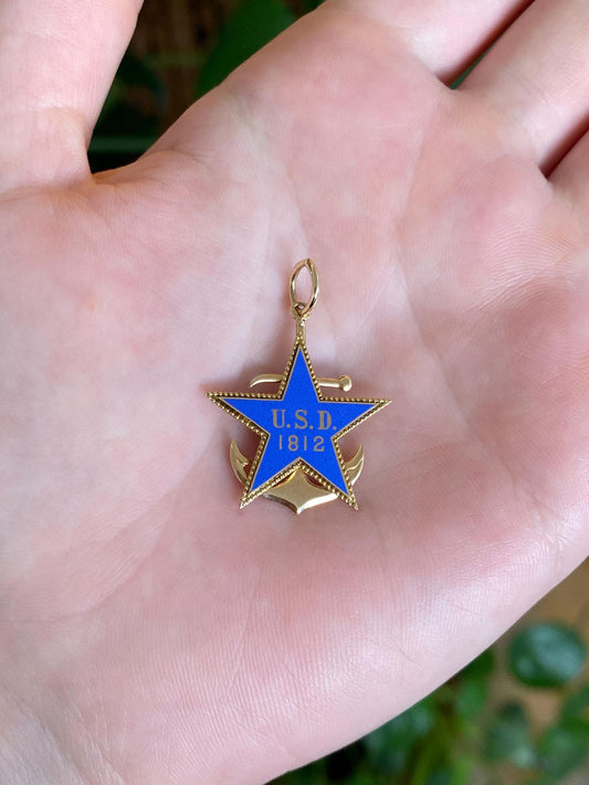 Vintage Solid 14k Yellow Gold Blue Enamel USD 1812 Star Anchor Charm