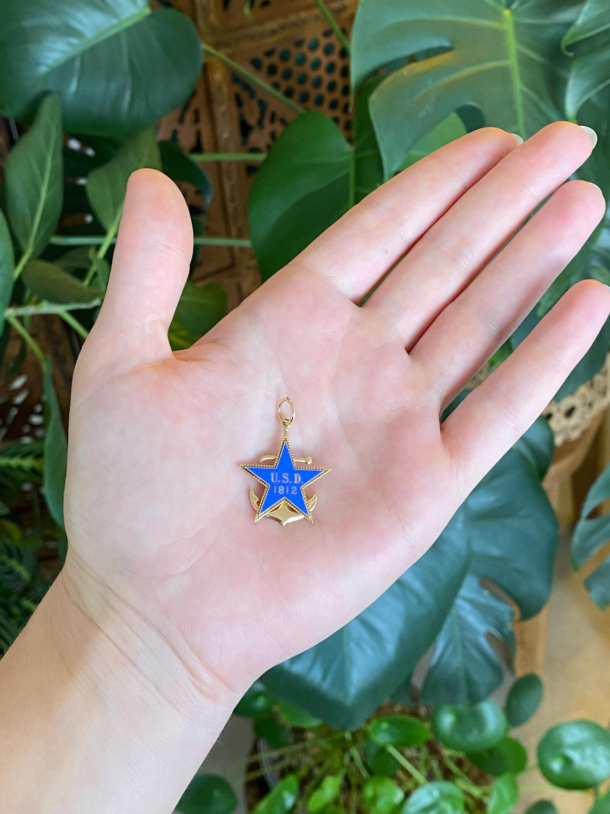Vintage Solid 14k Yellow Gold Blue Enamel USD 1812 Star Anchor Charm