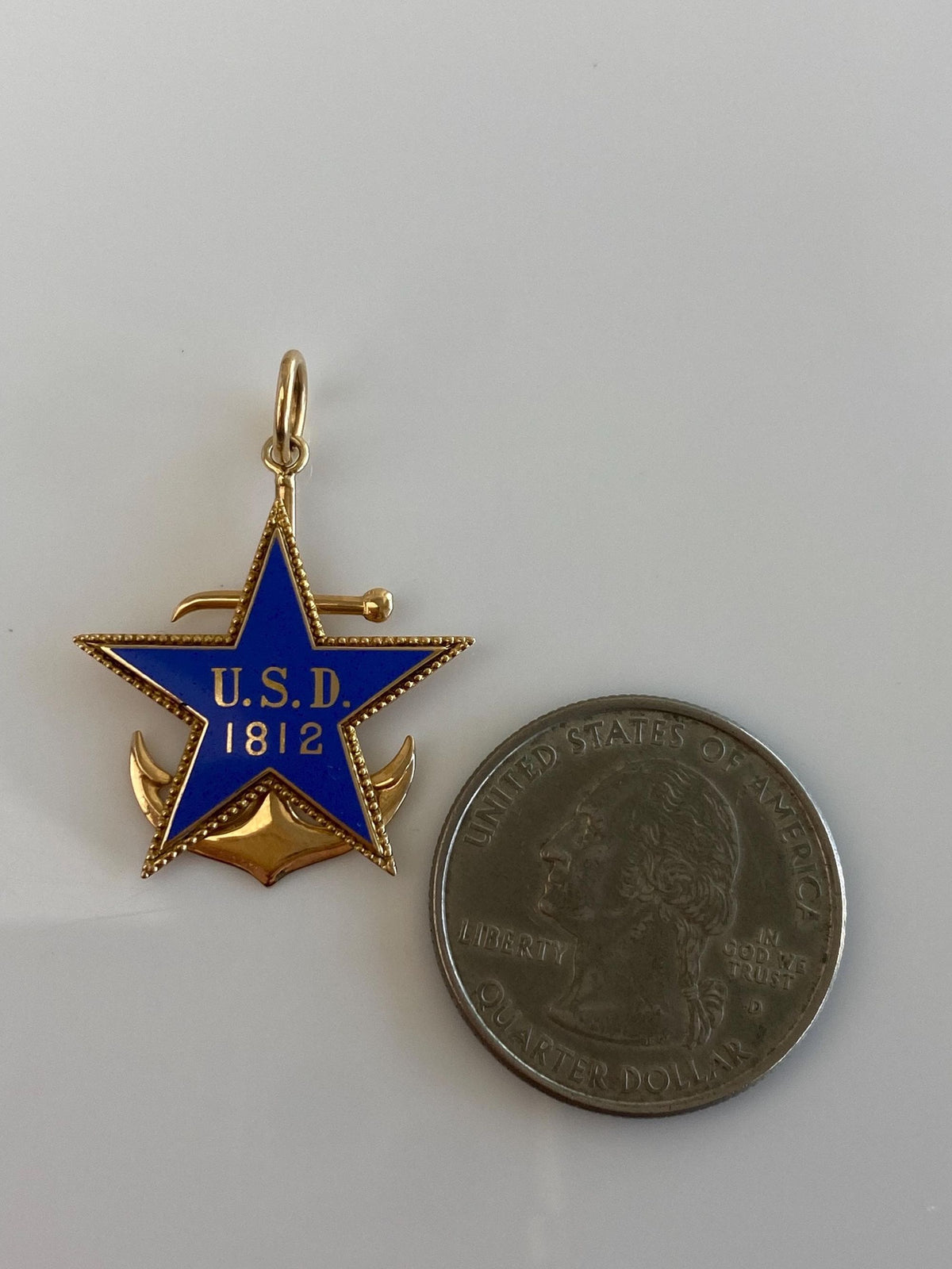 Vintage Solid 14k Yellow Gold Blue Enamel USD 1812 Star Anchor Charm