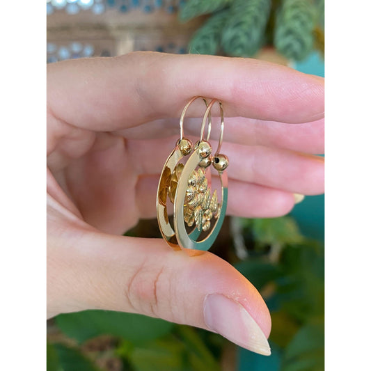 Vintage Solid 14k Yellow Gold Flower Hoop Earrings