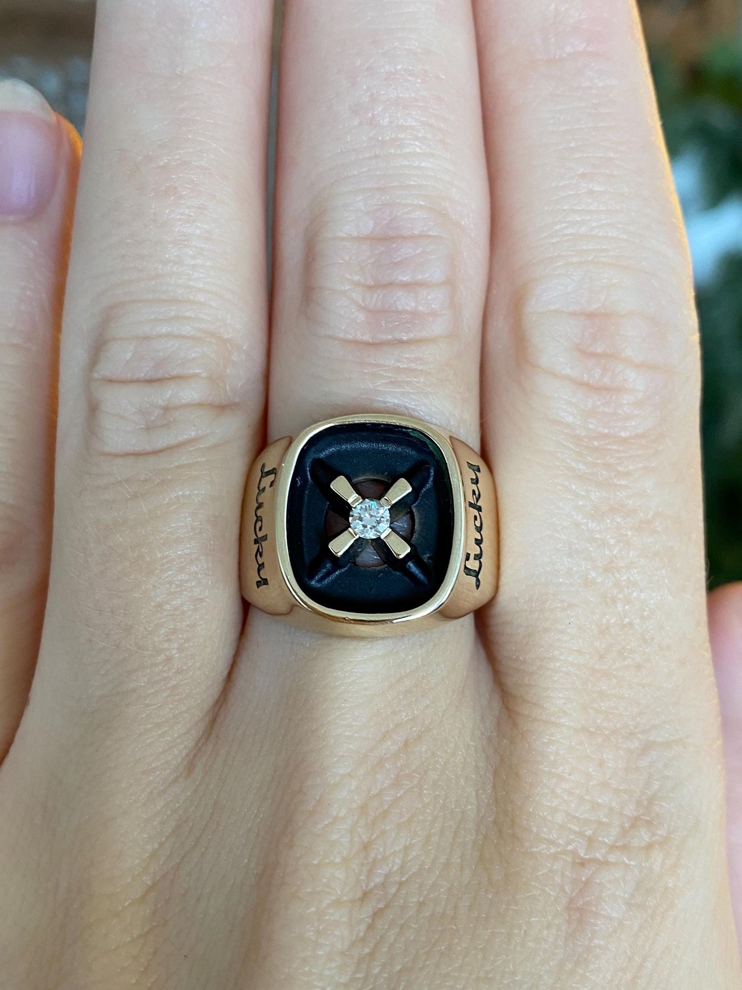 Vintage Solid 10k Yellow Gold Diamond 'Lucky' Signet Ring - Size 10