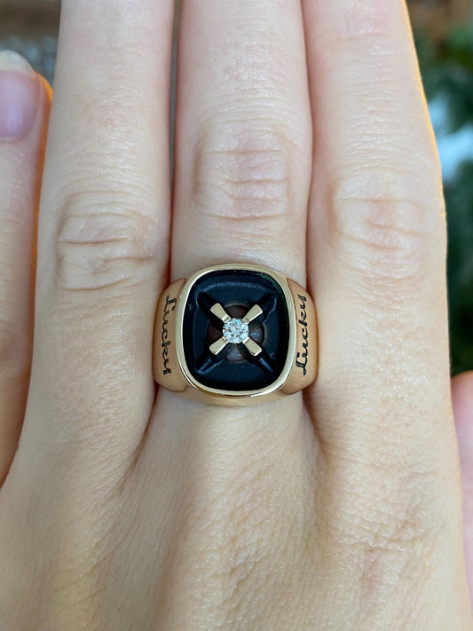 Vintage Solid 10k Yellow Gold Diamond 'Lucky' Signet Ring - Size 10