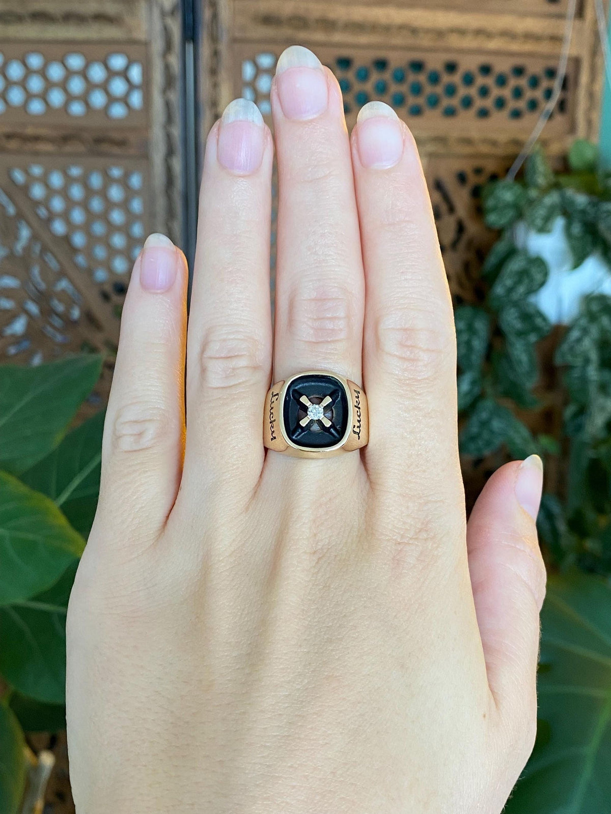 Vintage Solid 10k Yellow Gold Diamond 'Lucky' Signet Ring - Size 10