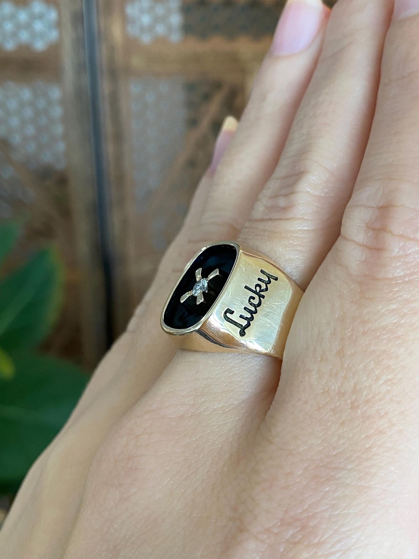 Vintage Solid 10k Yellow Gold Diamond 'Lucky' Signet Ring - Size 10