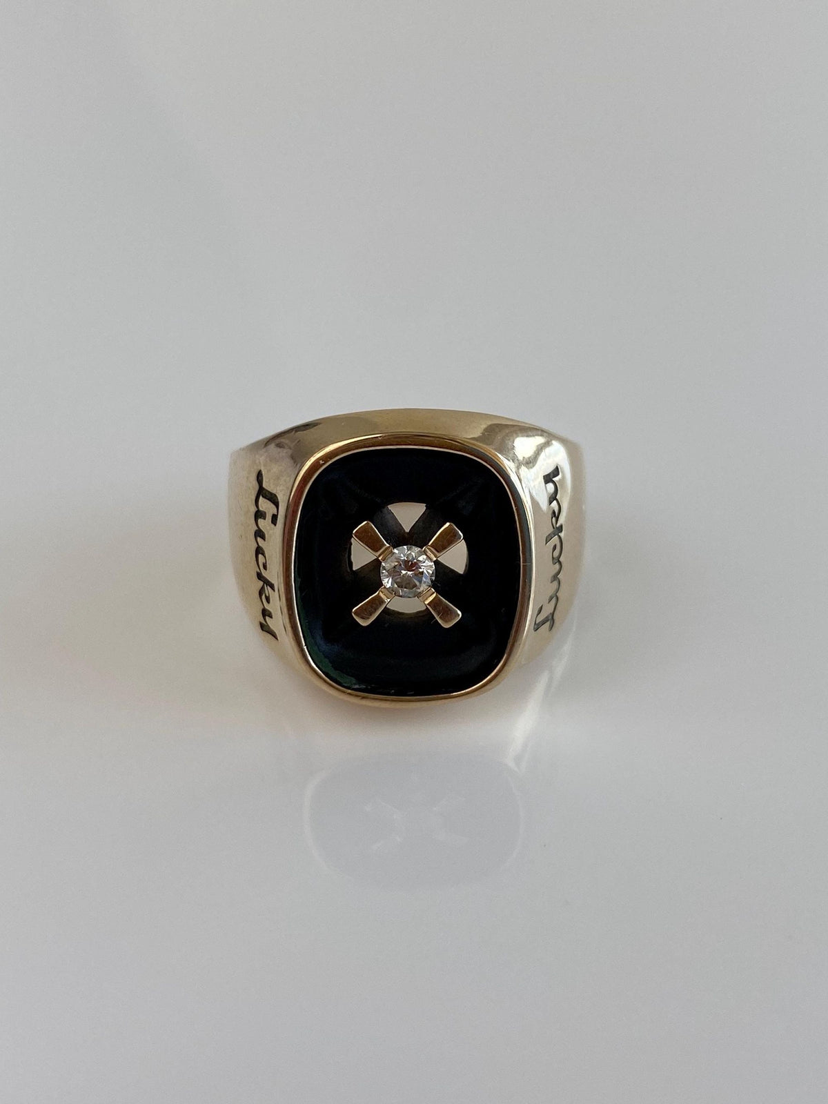 Vintage Solid 10k Yellow Gold Diamond 'Lucky' Signet Ring - Size 10