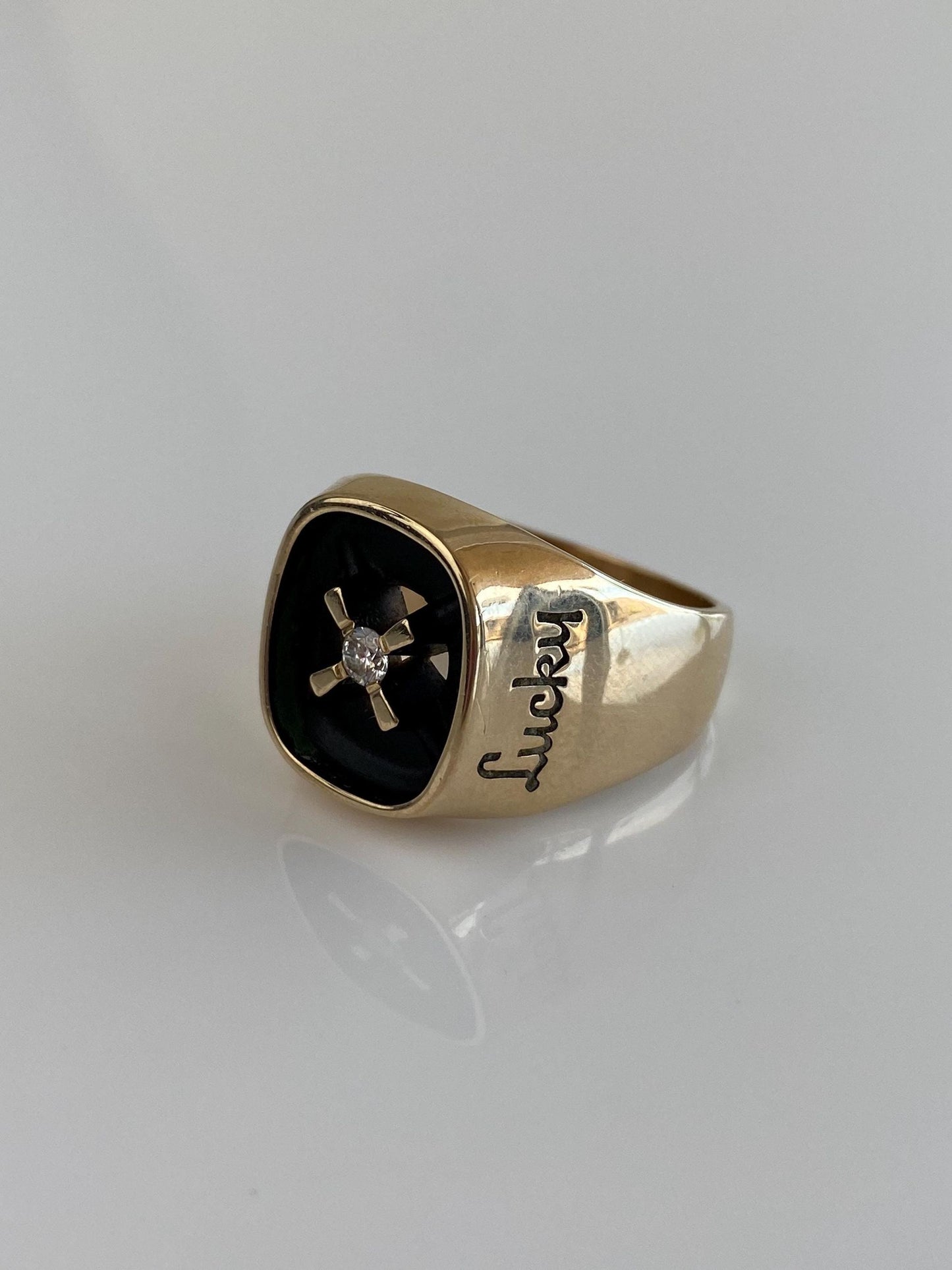 Vintage Solid 10k Yellow Gold Diamond 'Lucky' Signet Ring - Size 10