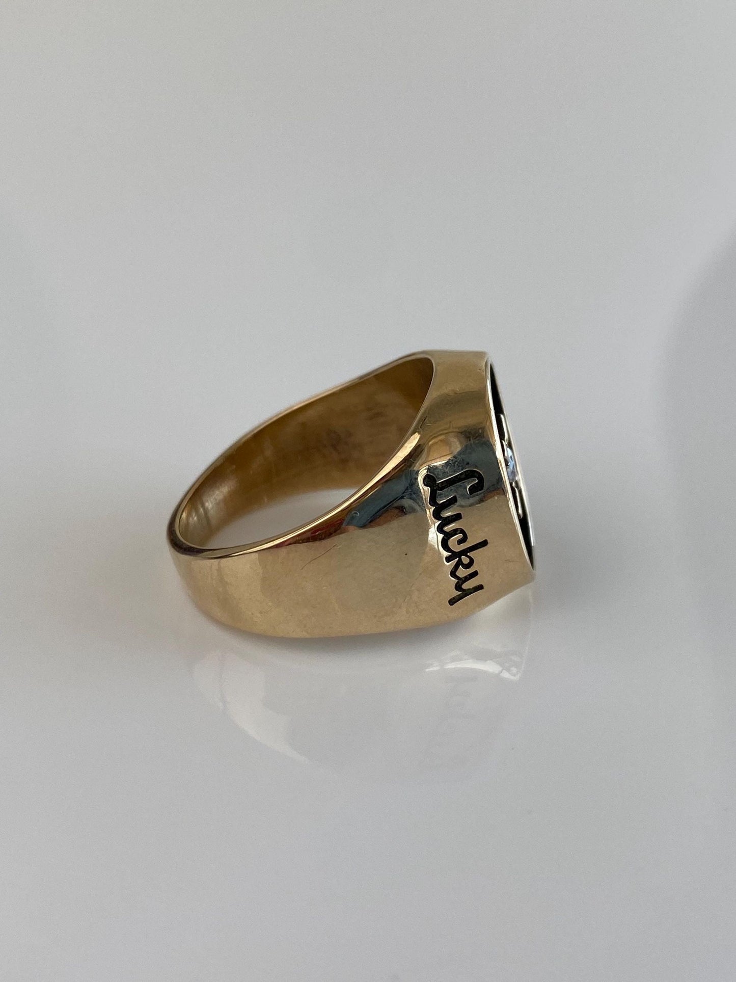Vintage Solid 10k Yellow Gold Diamond 'Lucky' Signet Ring - Size 10