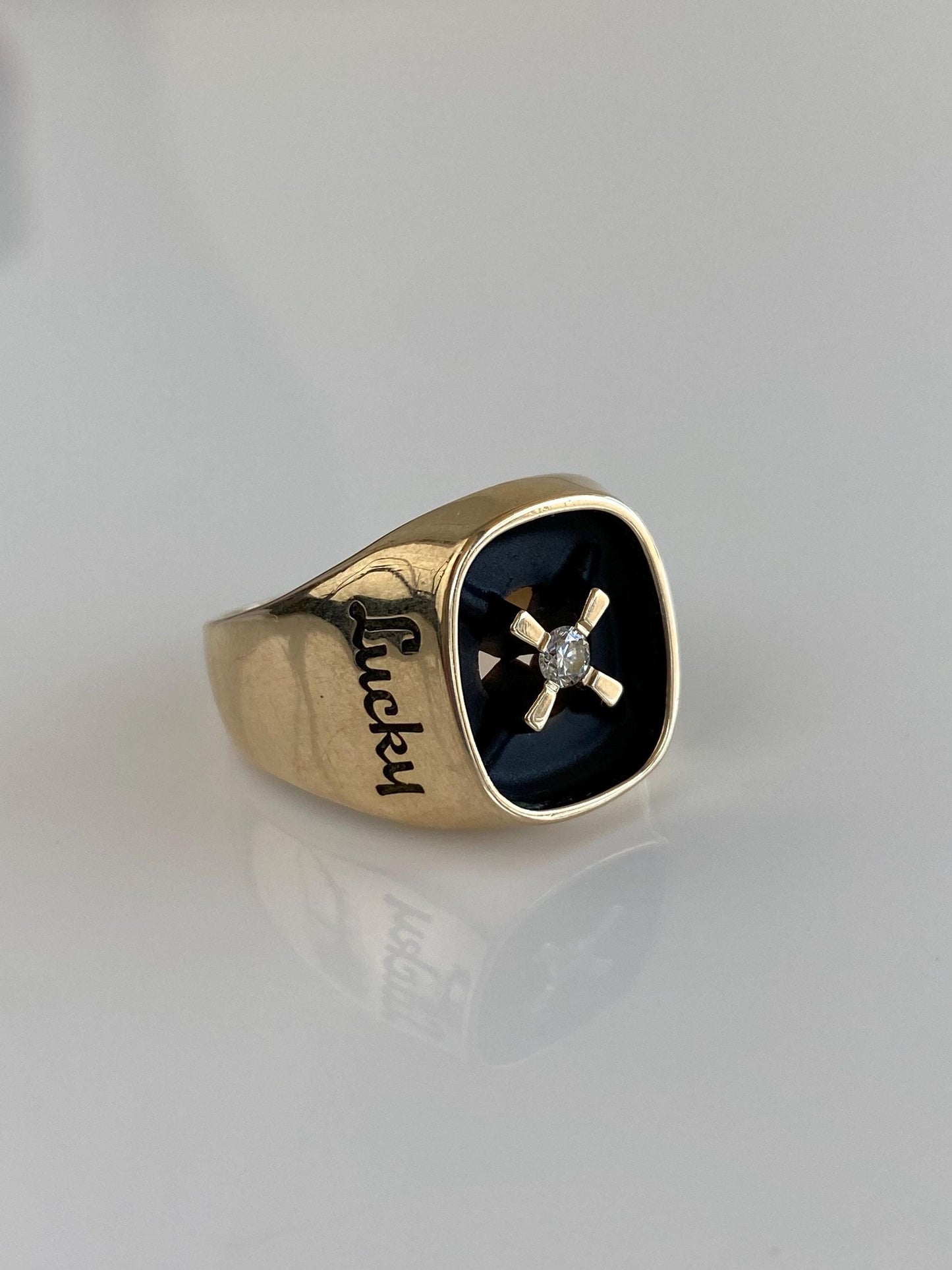 Vintage Solid 10k Yellow Gold Diamond 'Lucky' Signet Ring - Size 10