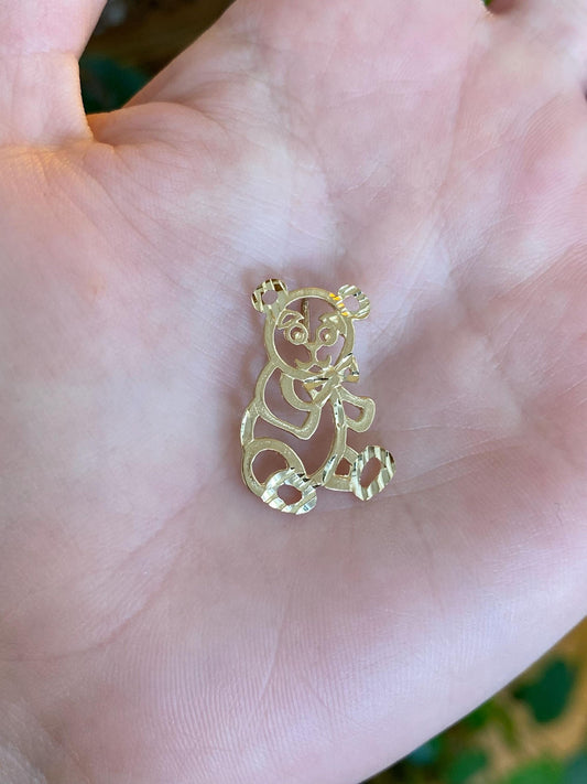 Solid 14k Yellow Gold Open Work Diamond Cut Teddy Bear Charm