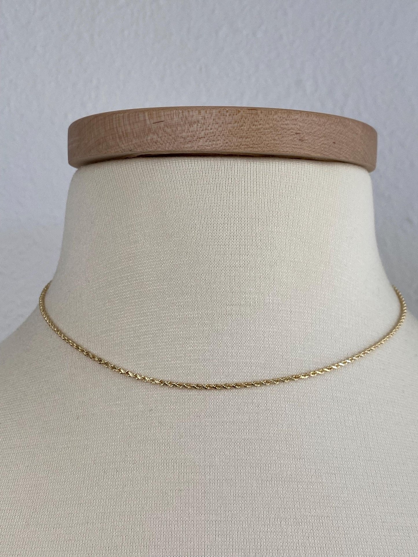 Vintage Solid 14k Yellow Gold Slim Rope Chain Necklace - 15.75 inches