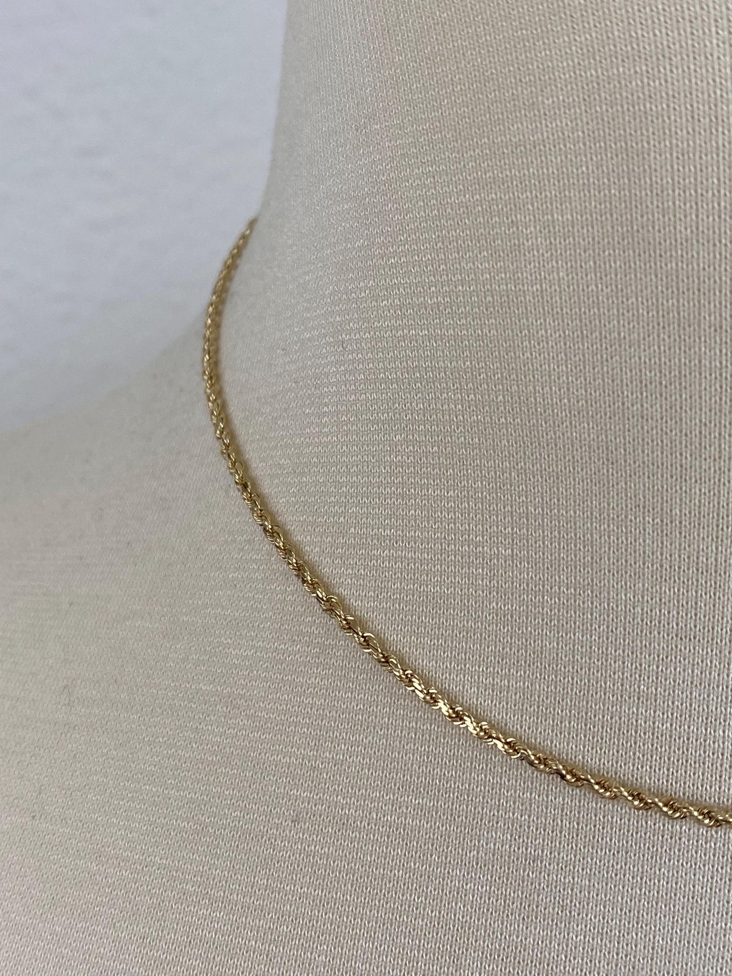 Vintage Solid 14k Yellow Gold Slim Rope Chain Necklace - 15.75 inches