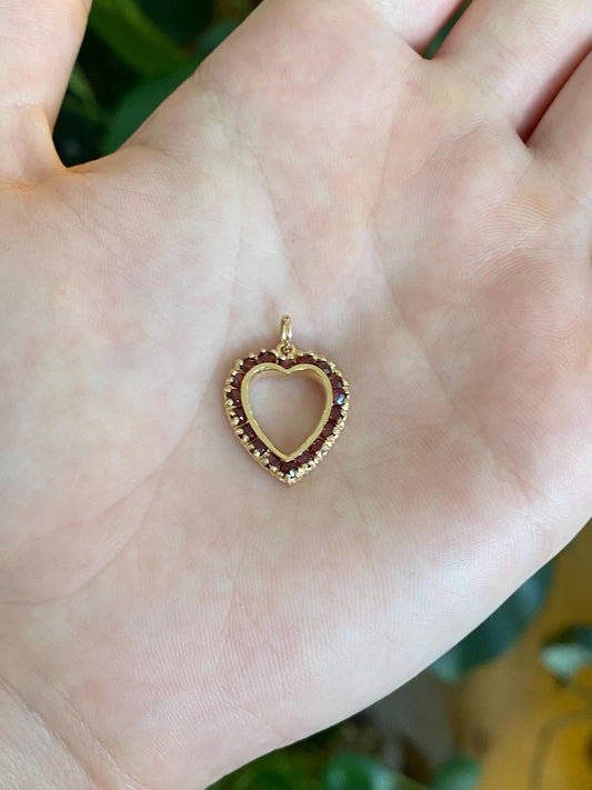 Vintage Solid 12k Yellow Gold Garnet Heart Charm