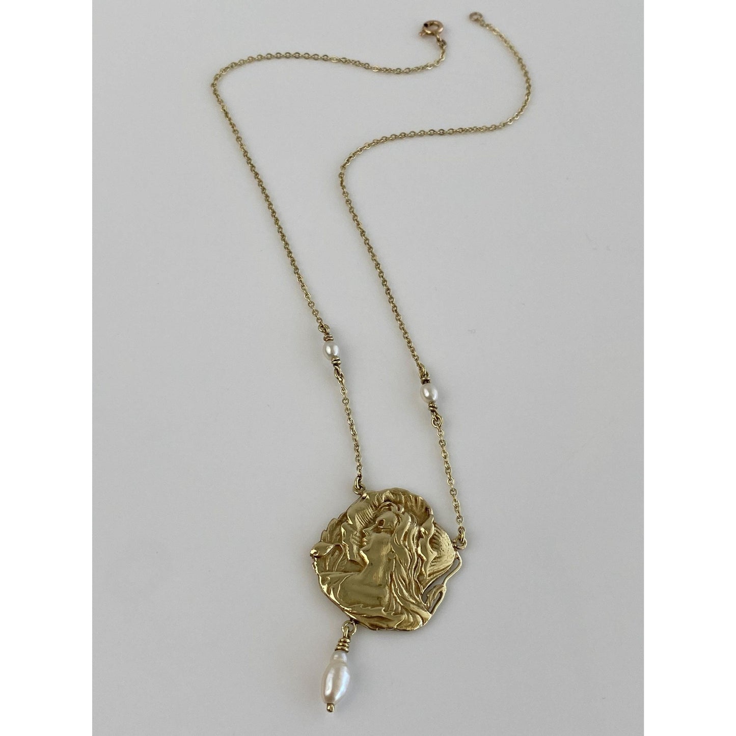 Vintage Solid 14k Yellow Gold Pearls Art Nouveau Lady Cable Chain Necklace - 16 inches