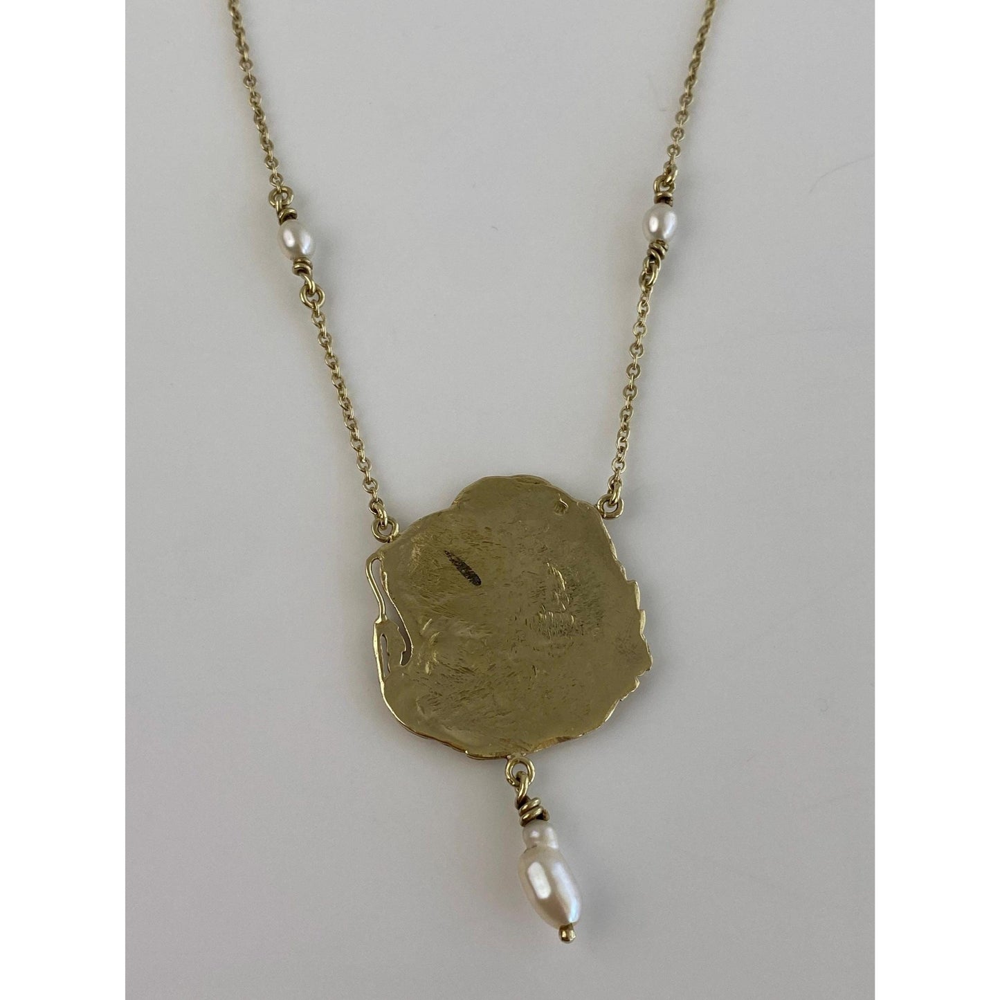 Vintage Solid 14k Yellow Gold Pearls Art Nouveau Lady Cable Chain Necklace - 16 inches