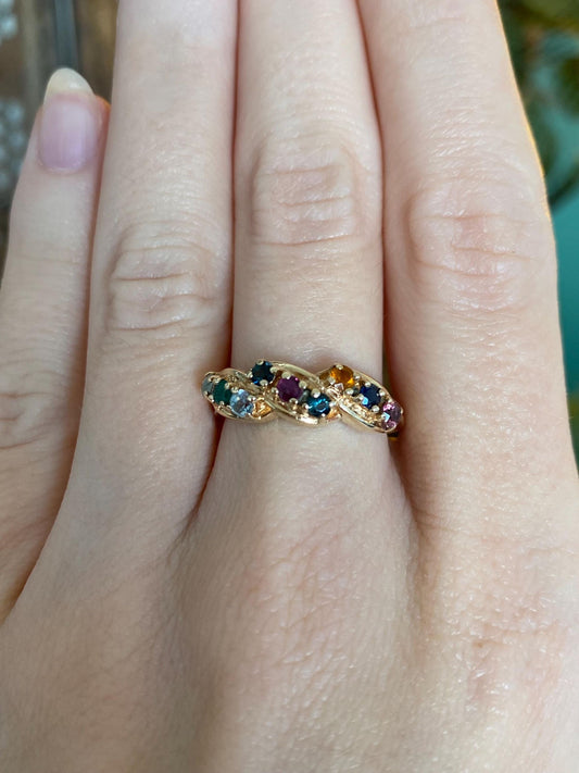Vintage Solid 10k Yellow Gold Emerald Ruby Blue Sapphire Pink Spinel Citrine Twist Ring - Size 7.75