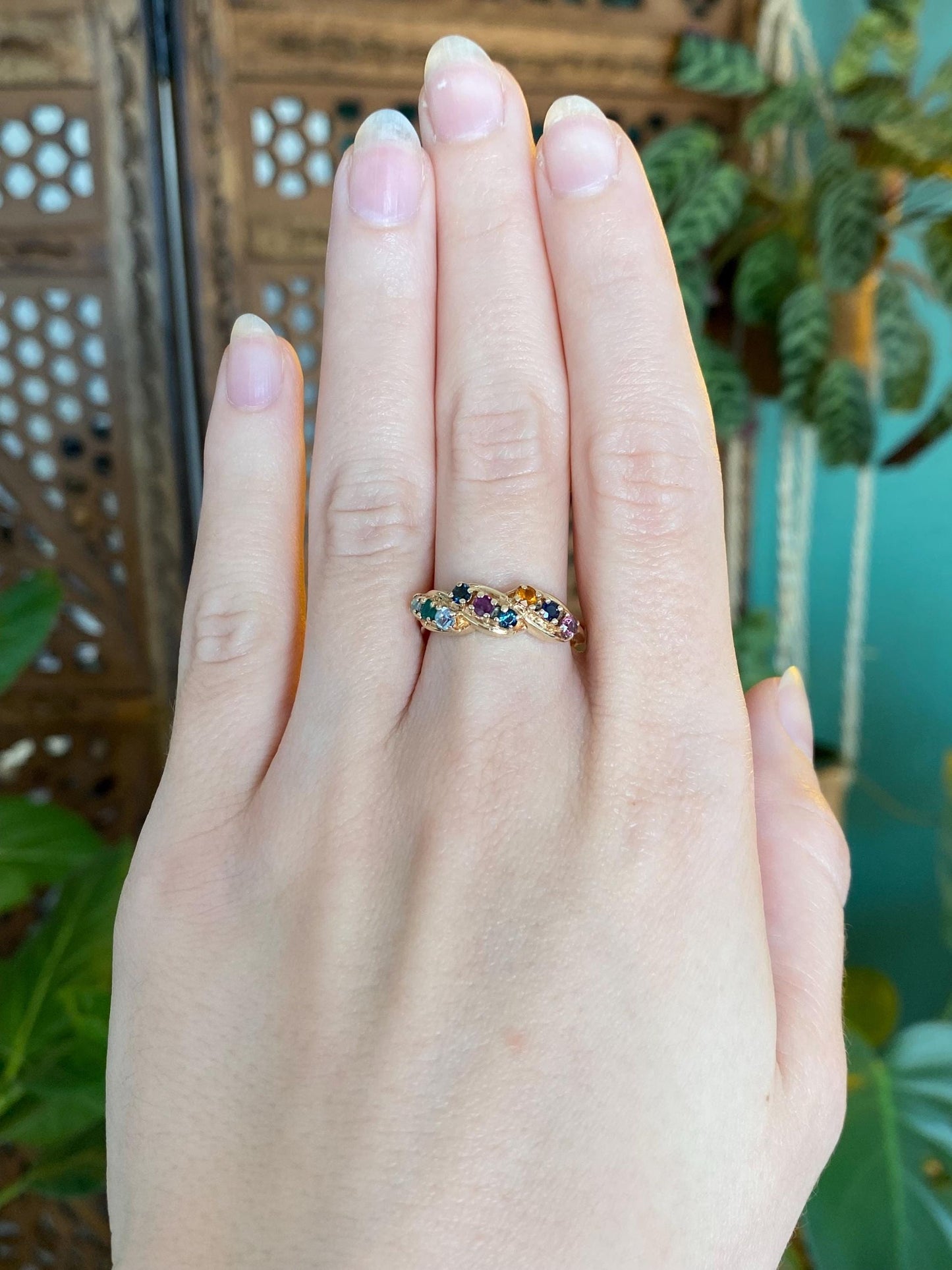 Vintage Solid 10k Yellow Gold Emerald Ruby Blue Sapphire Pink Spinel Citrine Twist Ring - Size 7.75