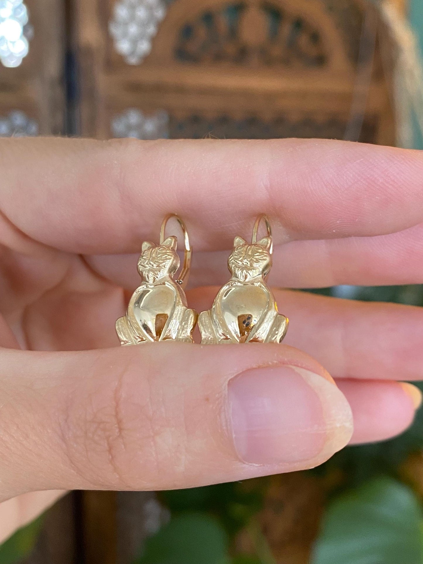 Vintage 14k Yellow Gold Cat Drop Earrings