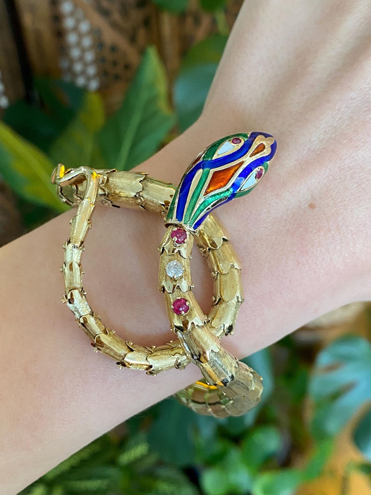 Vintage 14k Yellow Gold Diamond Pink Sapphire Snake Wrap Bracelet