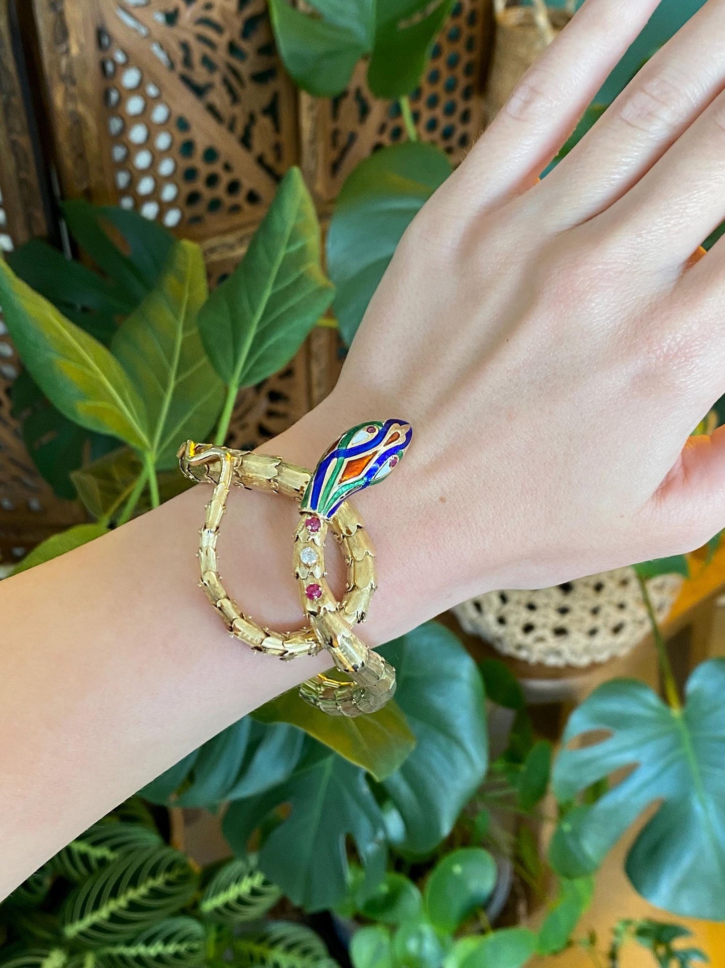 Vintage 14k Yellow Gold Diamond Pink Sapphire Snake Wrap Bracelet