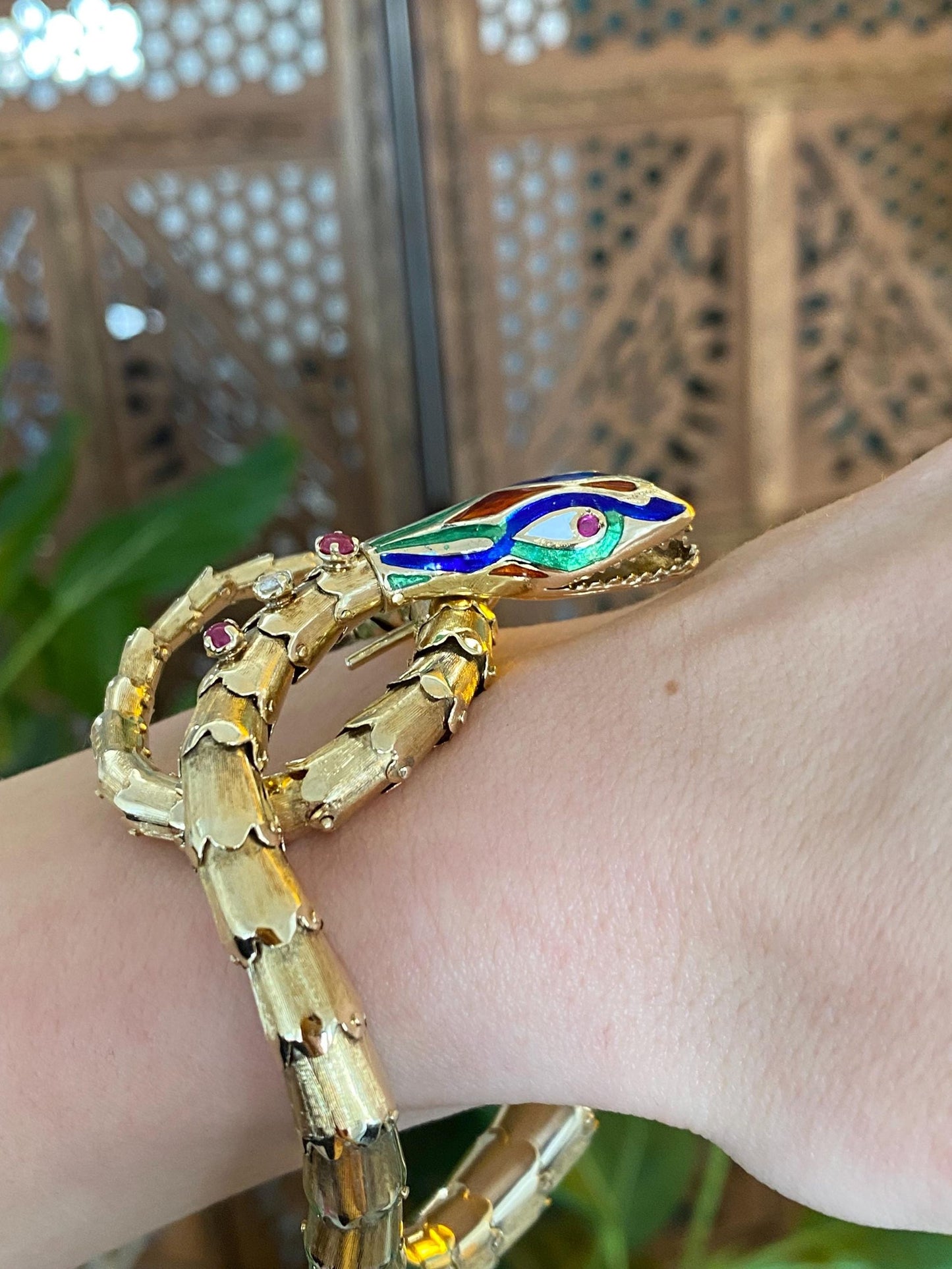 Vintage 14k Yellow Gold Diamond Pink Sapphire Snake Wrap Bracelet