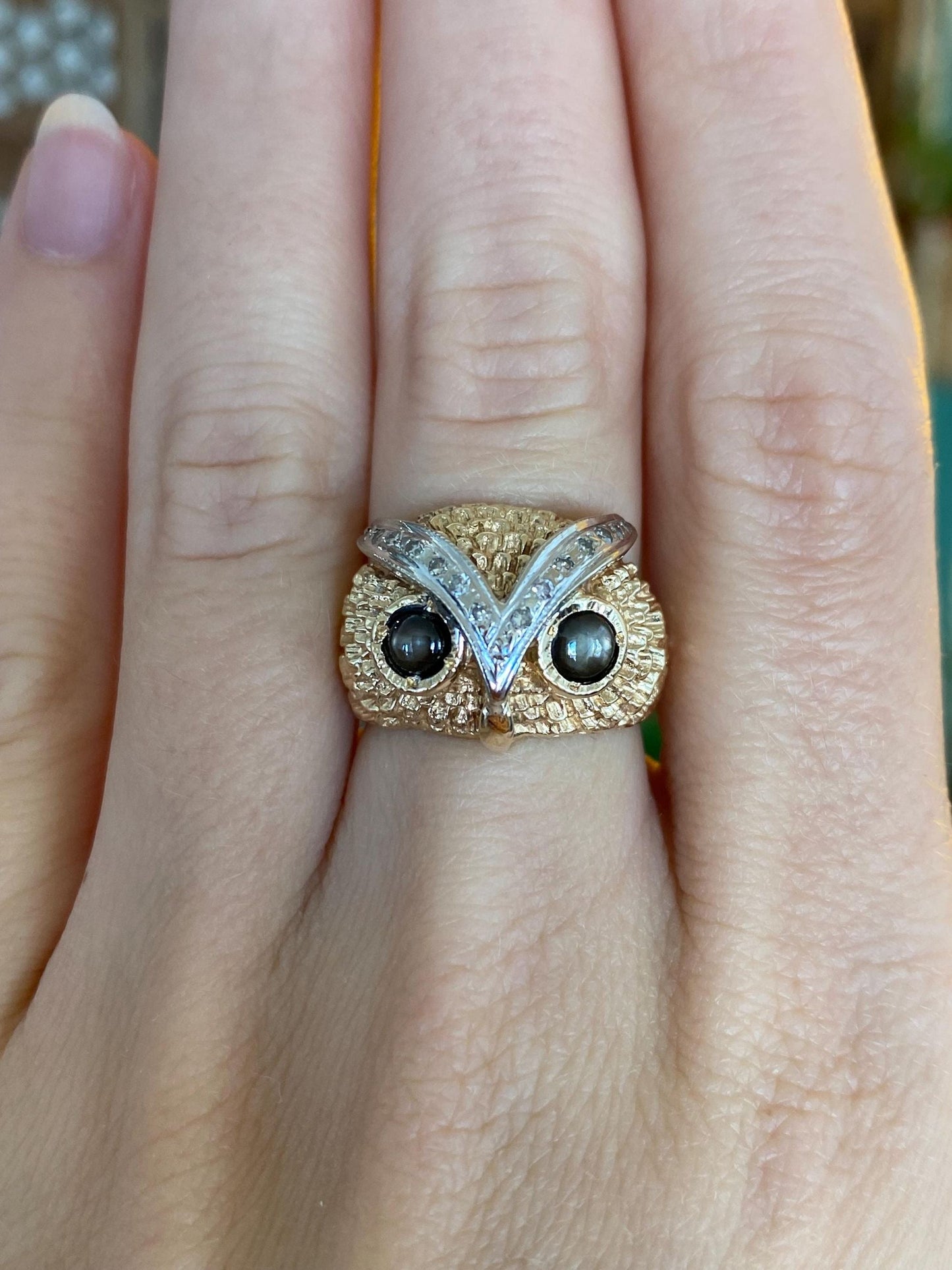 Solid 14k White & Yellow Gold Diamond Star Sapphire Owl Ring - Size 5.25