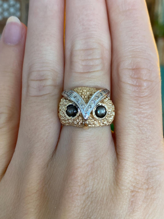 Solid 14k White & Yellow Gold Diamond Star Sapphire Owl Ring - Size 5.25