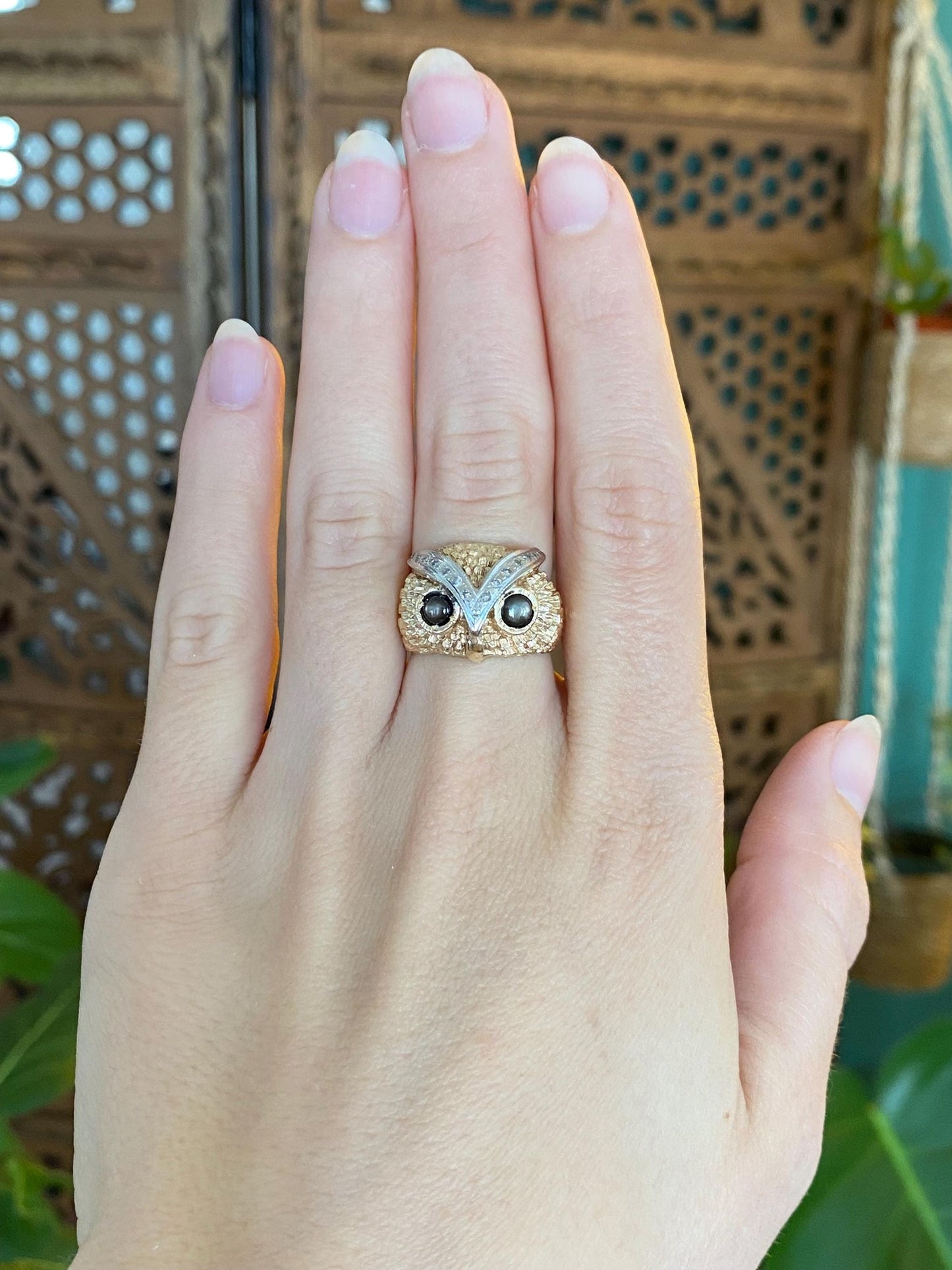 Solid 14k White & Yellow Gold Diamond Star Sapphire Owl Ring - Size 5.25