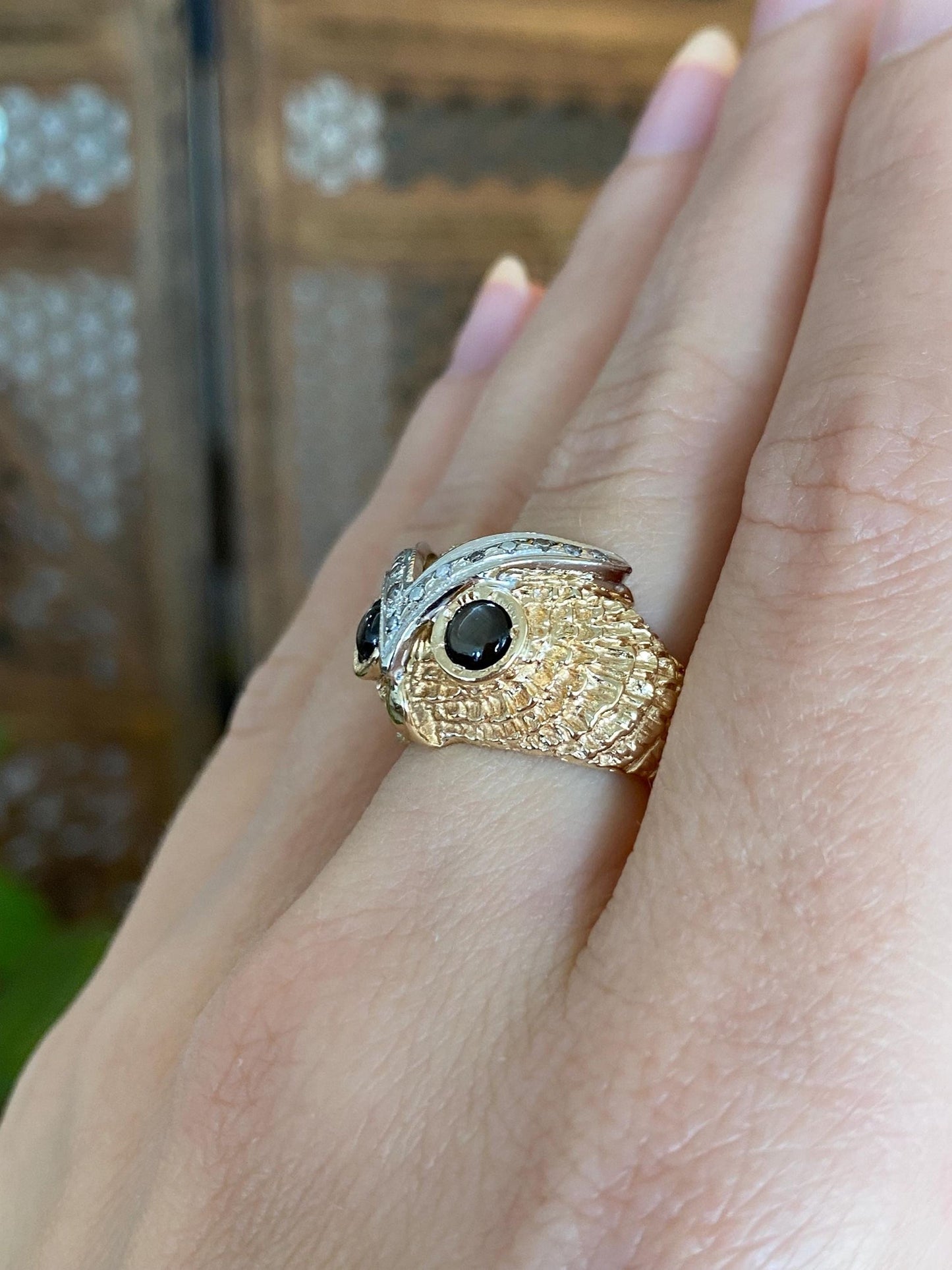 Solid 14k White & Yellow Gold Diamond Star Sapphire Owl Ring - Size 5.25