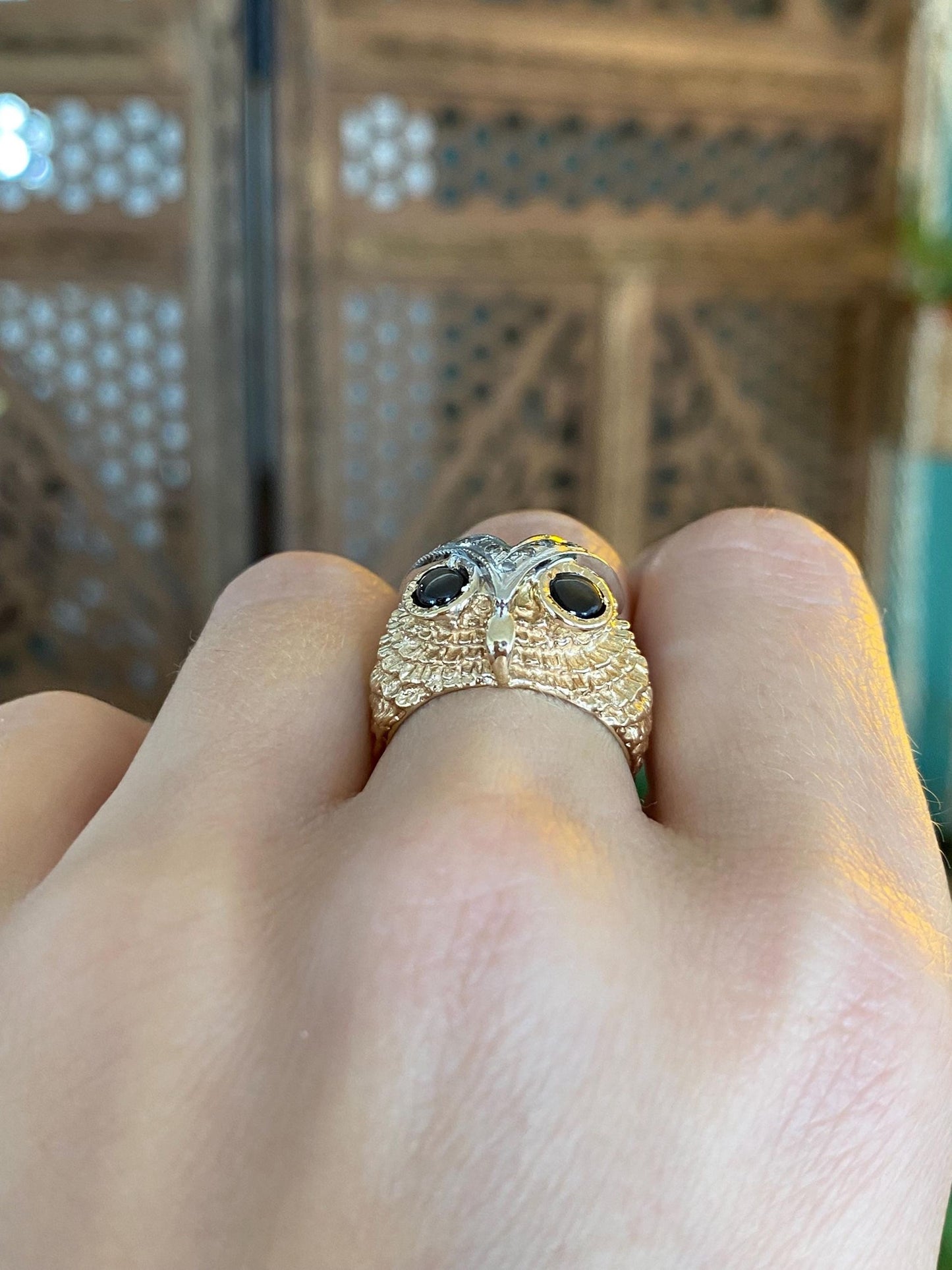 Solid 14k White & Yellow Gold Diamond Star Sapphire Owl Ring - Size 5.25