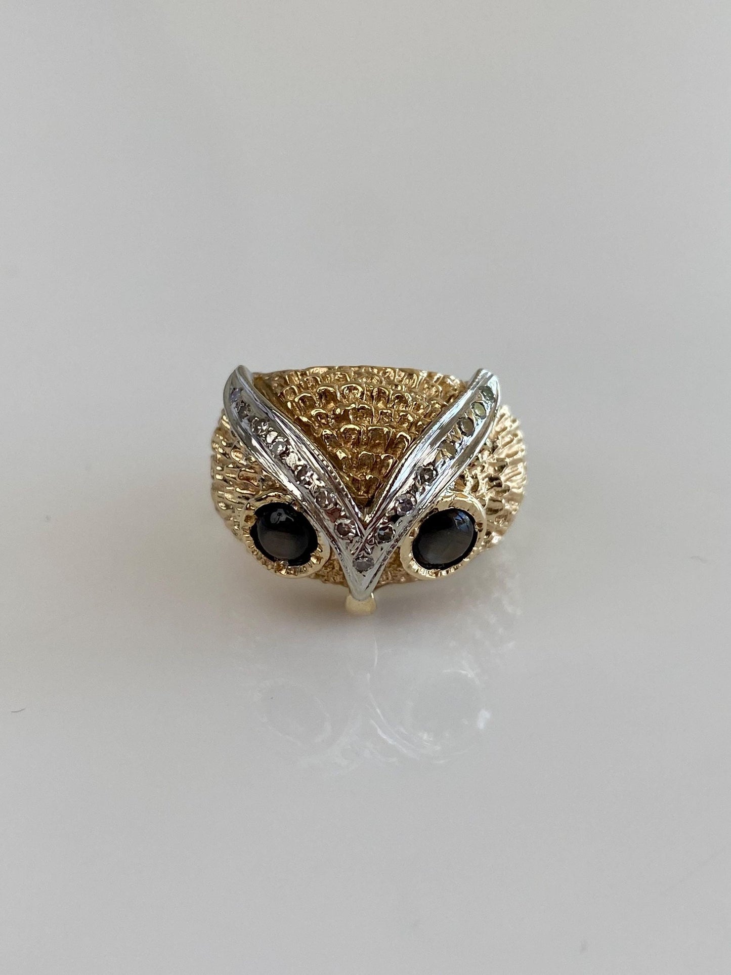 Solid 14k White & Yellow Gold Diamond Star Sapphire Owl Ring - Size 5.25