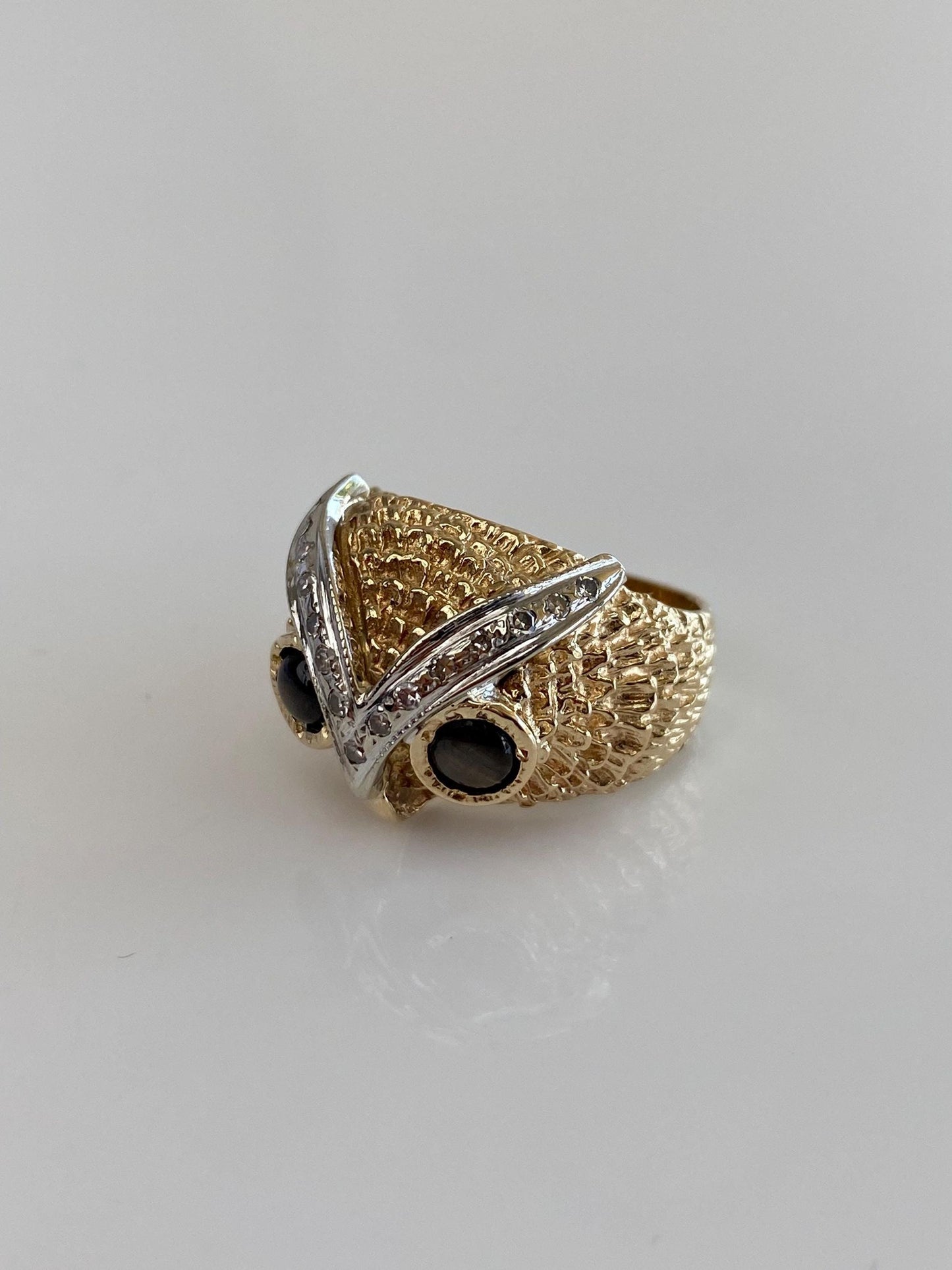 Solid 14k White & Yellow Gold Diamond Star Sapphire Owl Ring - Size 5.25