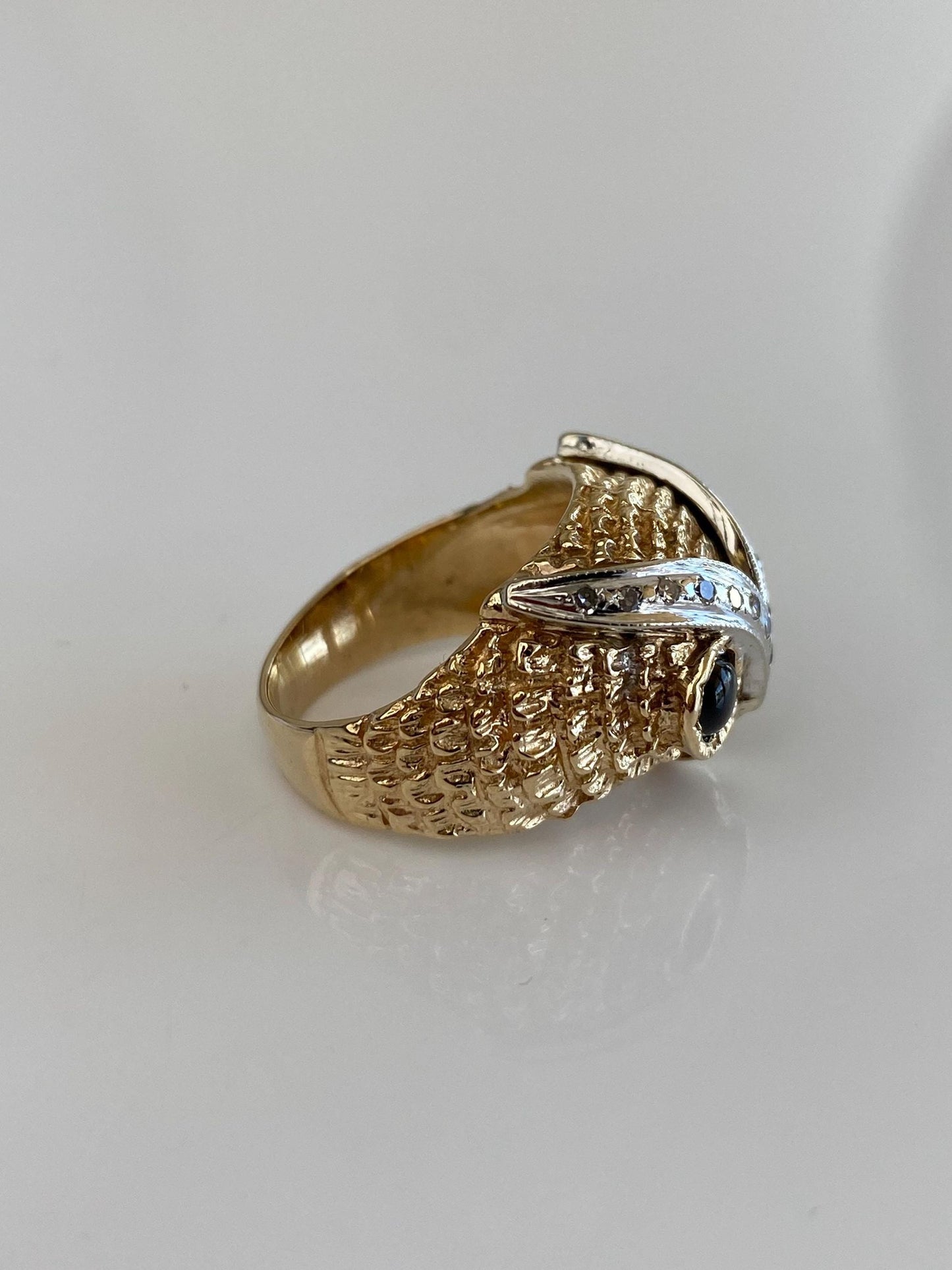 Solid 14k White & Yellow Gold Diamond Star Sapphire Owl Ring - Size 5.25