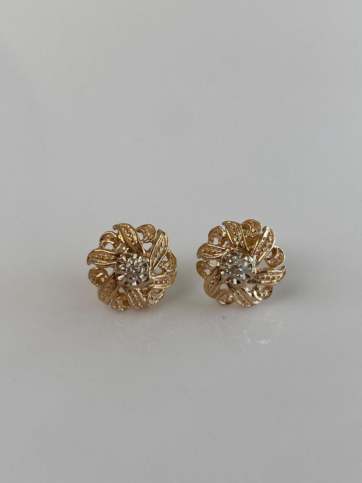 Vintage Solid 14k White & Yellow Gold Clear Sapphire Stud Earrings