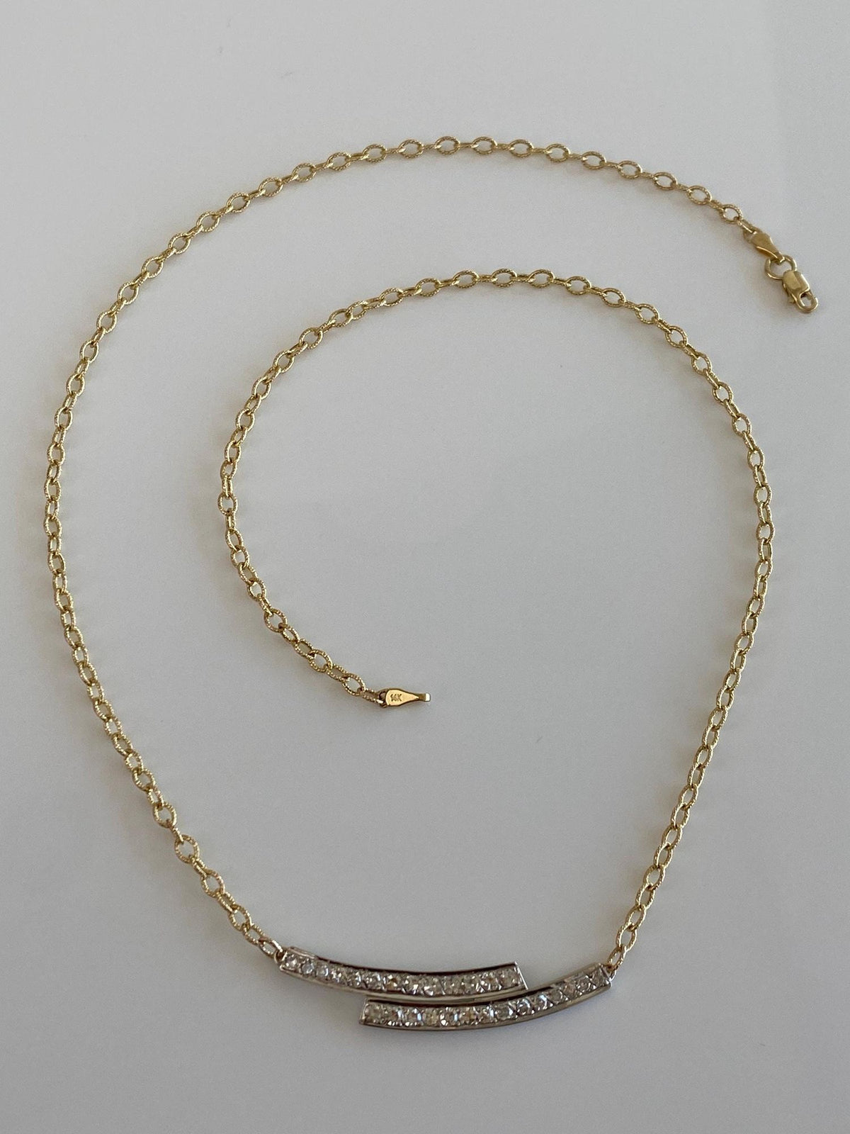 Vintage Solid 14k White & Yellow Gold Diamonds Textured Cable Chain Necklace - 18.5 inches