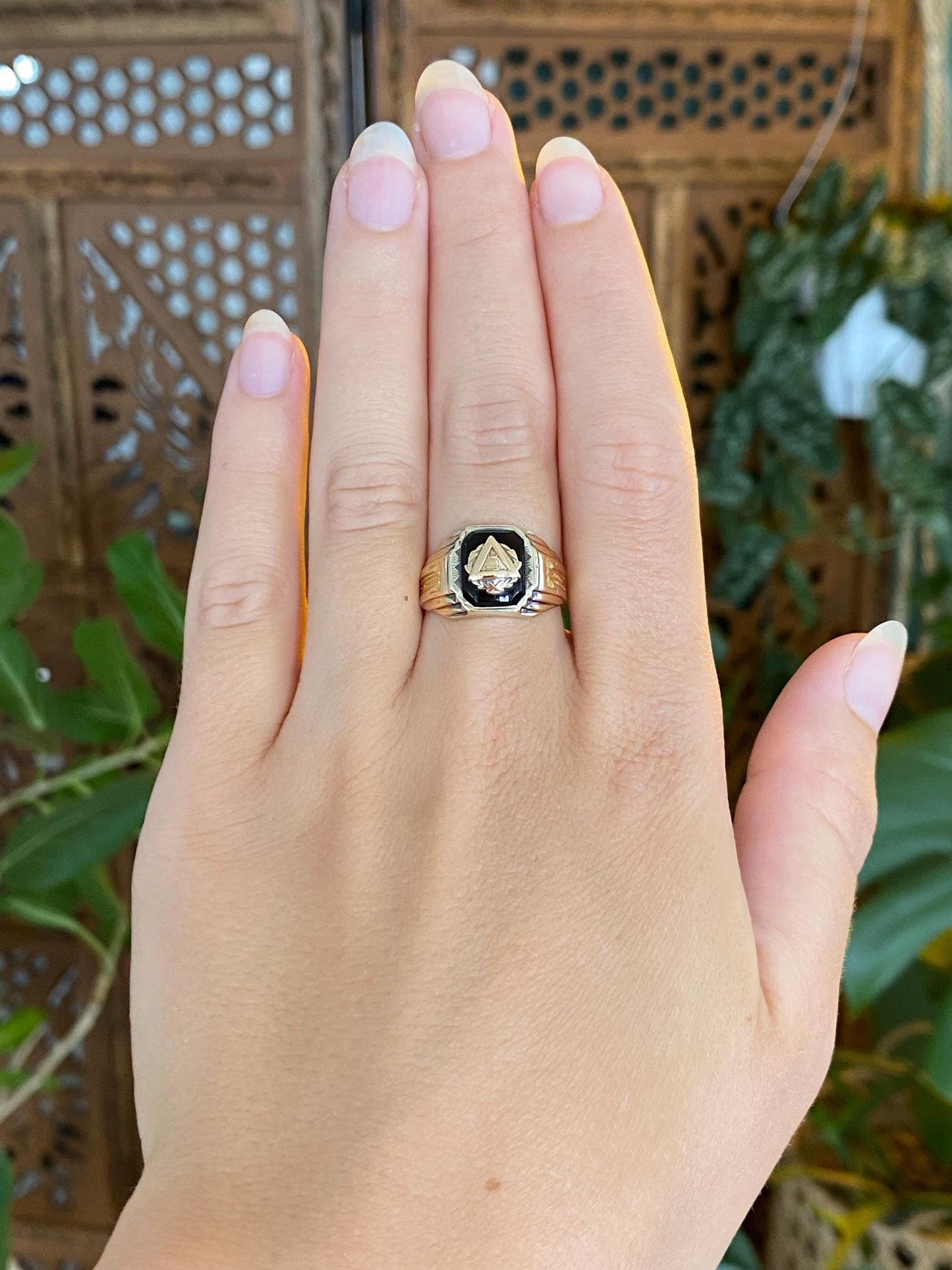 Vintage Solid 10k Rose & White Gold Onyx 1933 Class Ring - Size 6.5