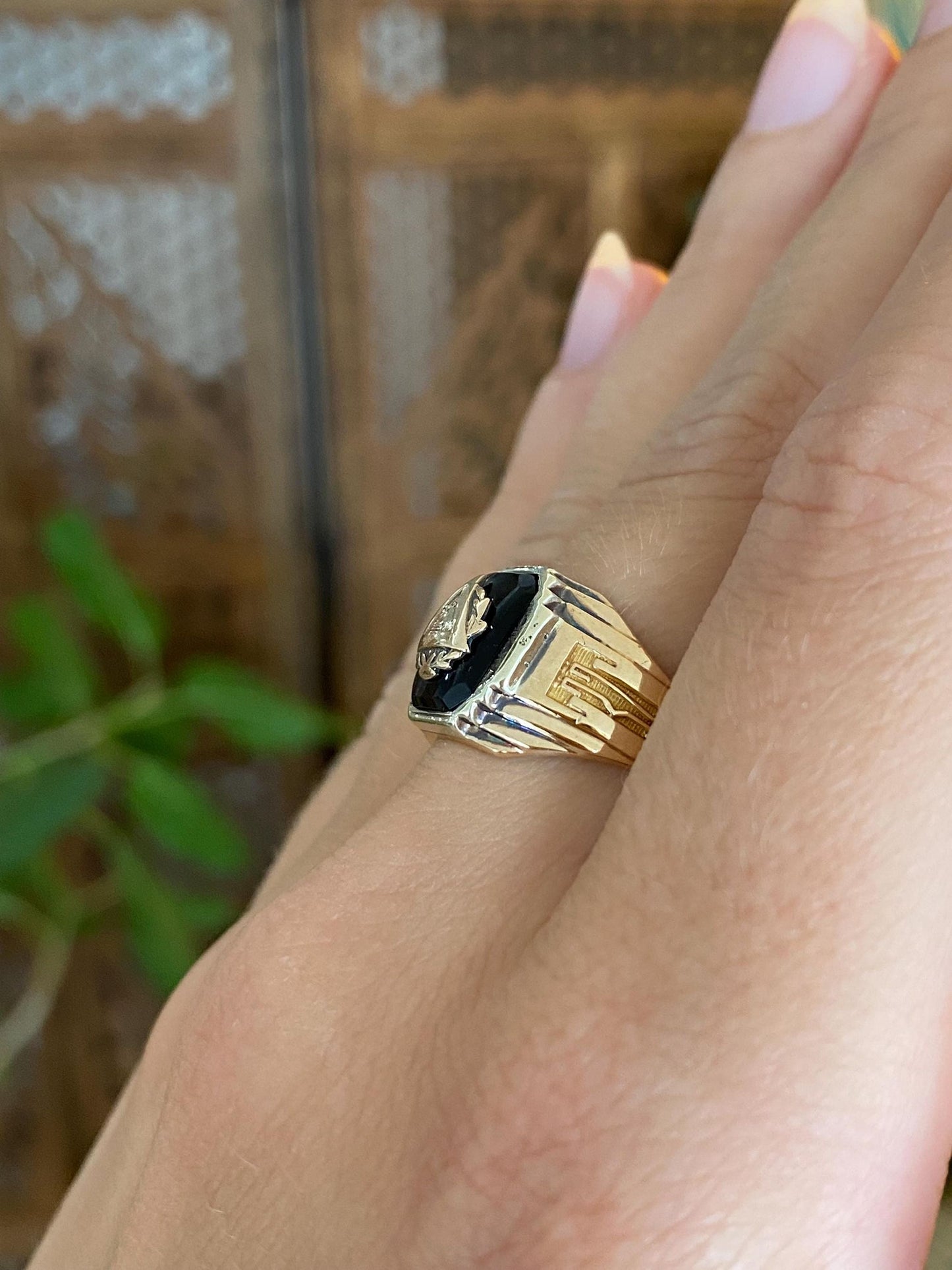 Vintage Solid 10k Rose & White Gold Onyx 1933 Class Ring - Size 6.5
